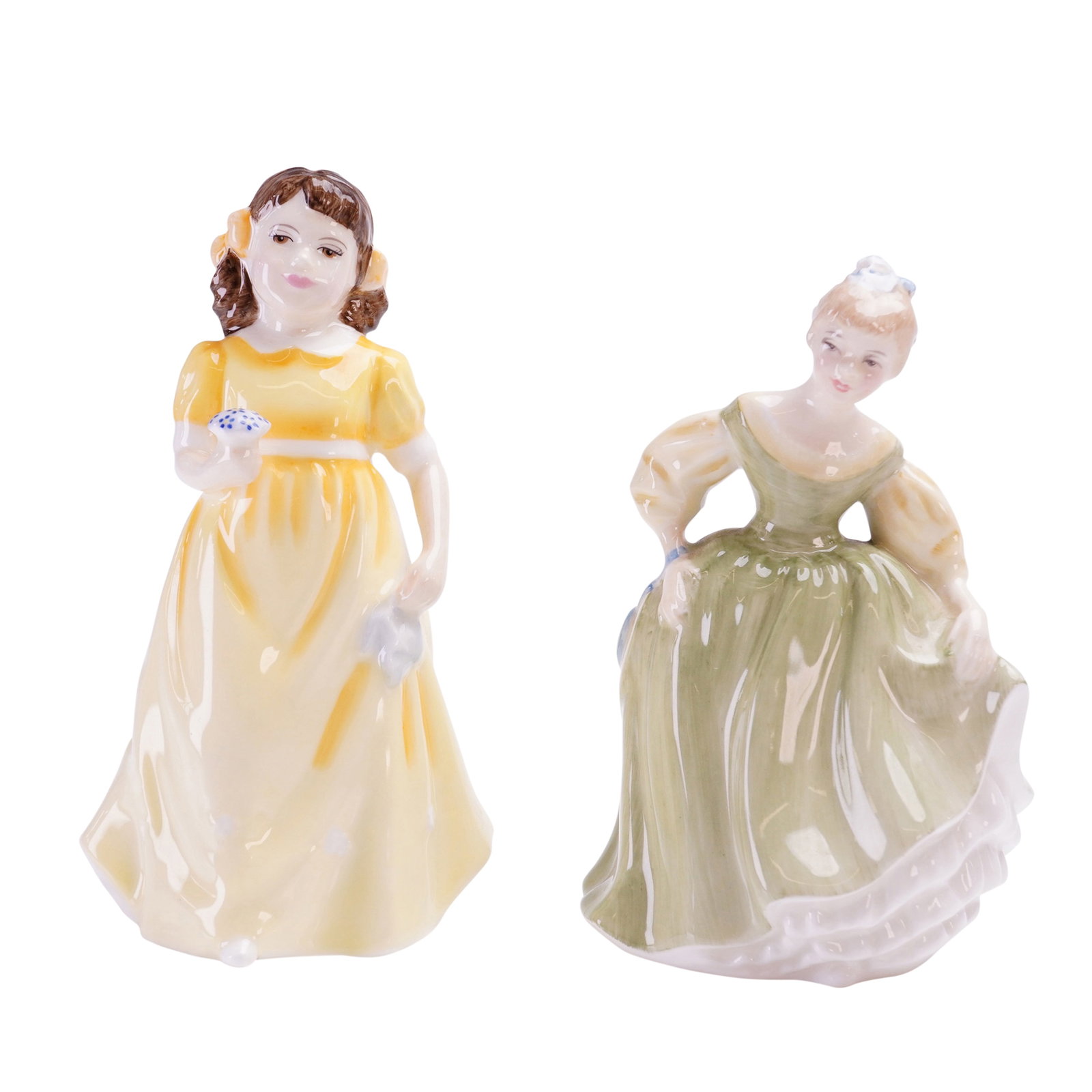 2pc Royal Doulton Figurines, Flowers for You HN3889 & Fair Maiden HN2211: A pair of Royal Doulton bone china figurines comprising Flowers for You HN 3889 and Fair Maiden HN 2211. Flowers for You was modeled by Nada M. Pedley and copyrighted in 1997, depicting a young girl w