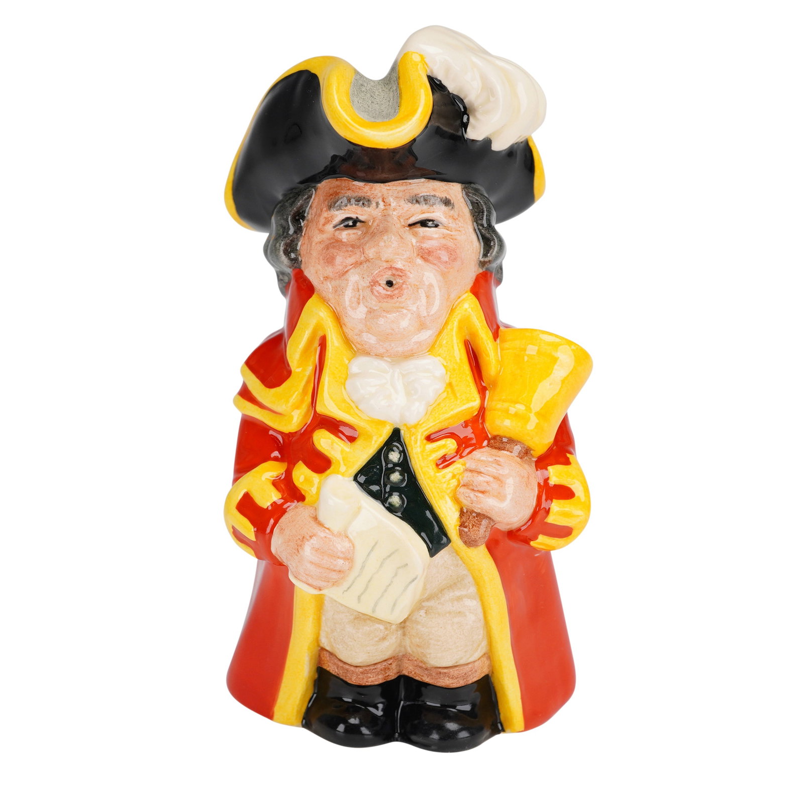 Royal Doulton Town Crier D6920 Toby Jug Limited Edition with COA: This Royal Doulton Town Crier D6920 Toby jug is a hand-made and hand-decorated ceramic figure modeled by Stanley James Taylor. The character is depicted in a red coat with yellow trim and a black tric