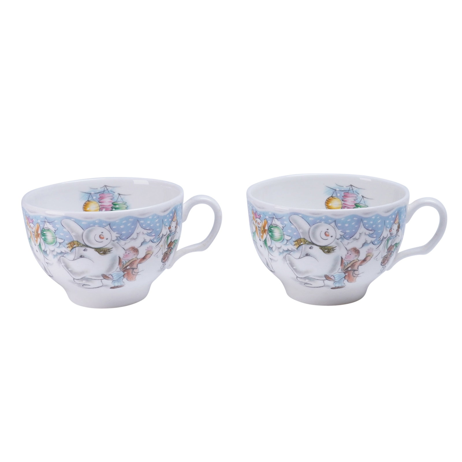 2pc Royal Doulton Snowman Partytime Teacups: A group of contemporary teacups manufactured by Royal Doulton, in the "Snowman Partytime" pattern, which is part of The Snowman Gift Collection. The cups are constructed of white Bone China. Each cup 