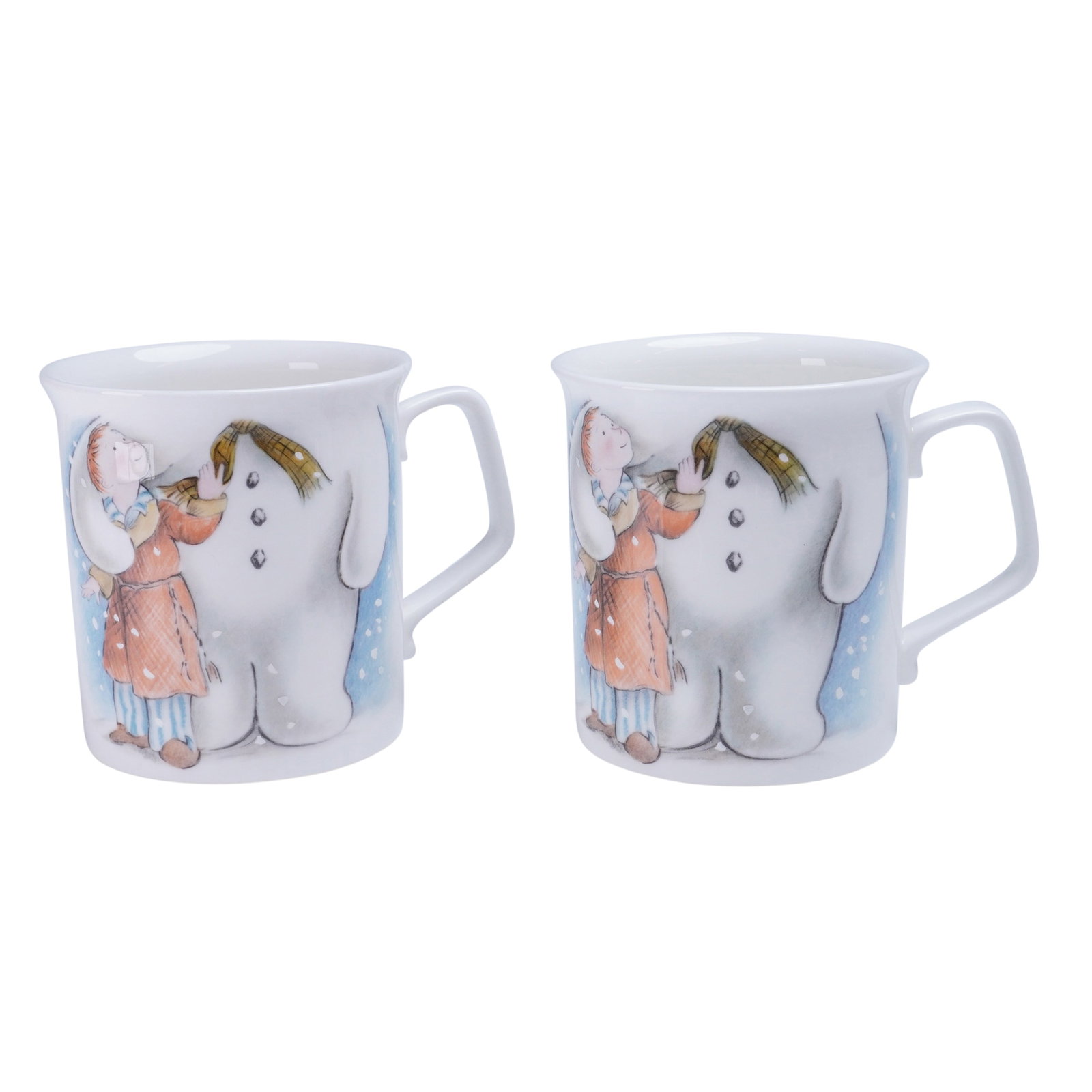 2pc Royal Doulton The Snowman Gift Collection Mugs: A group of bone china handled mugs produced by Royal Doulton for The Snowman Gift Collection. Each mug features the same colorful decal illustration depicting a child, wearing an orange coat and plaid