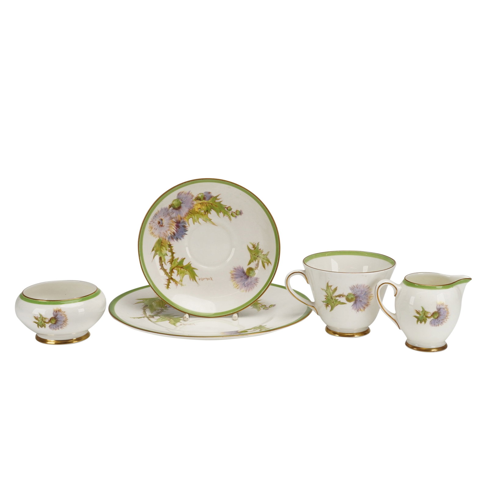 A 5-Piece Royal Doulton Glamis Thistle Porcelain Tea Service: A partial 5-piece tea service identified as Royal Doulton Glamis Thistle porcelain. The collection consists of one teacup, one saucer, one plate, one creamer, and one sugar bowl. The items are crafted