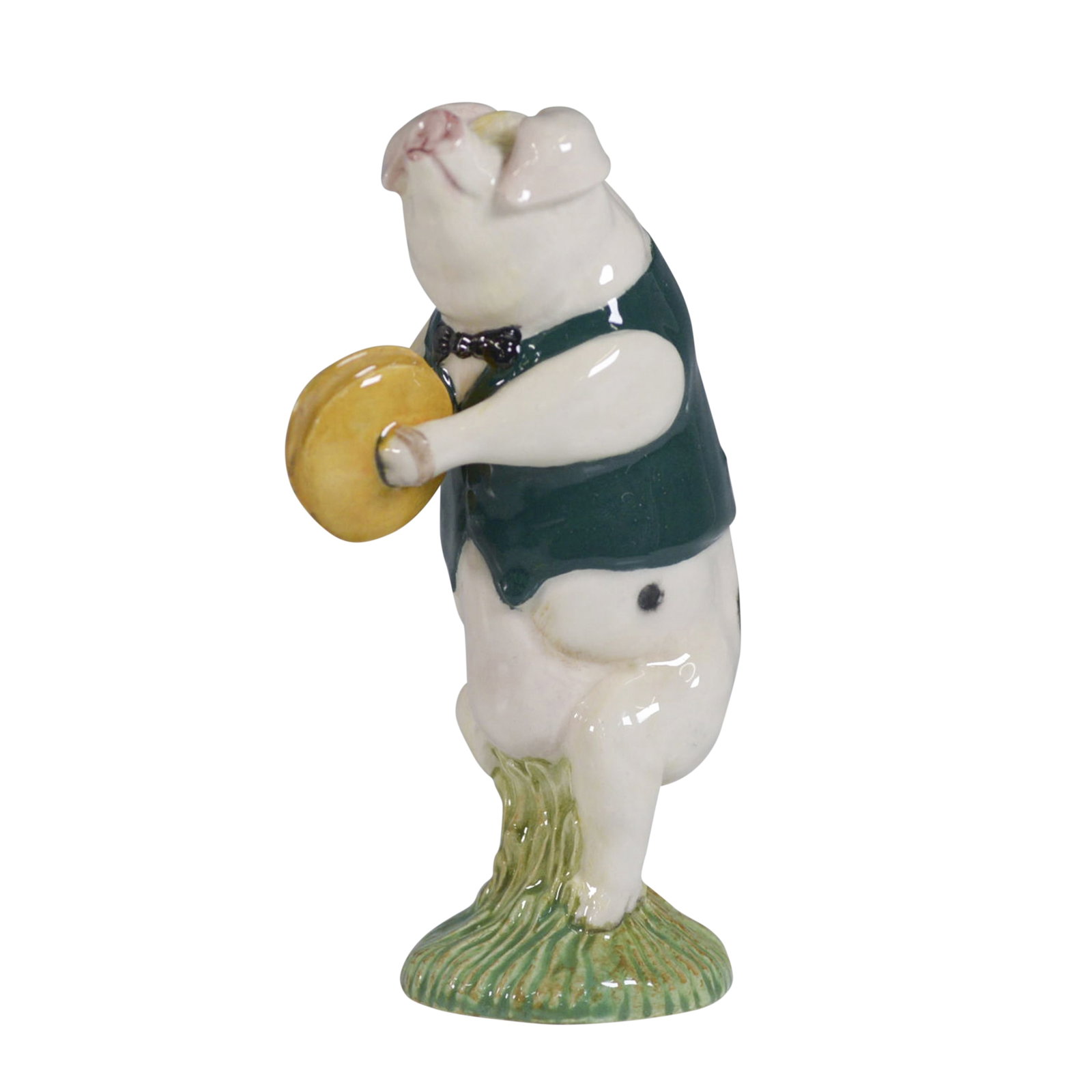 Beswick by Royal Doulton Figurine, George Cymbalist PP10: Charming Beswick by Royal Doulton porcelain figurine titled George Cymbalist, model PP10. This delightful hand-painted piece features a standing pig dressed in a green waistcoat and bow tie, holding a