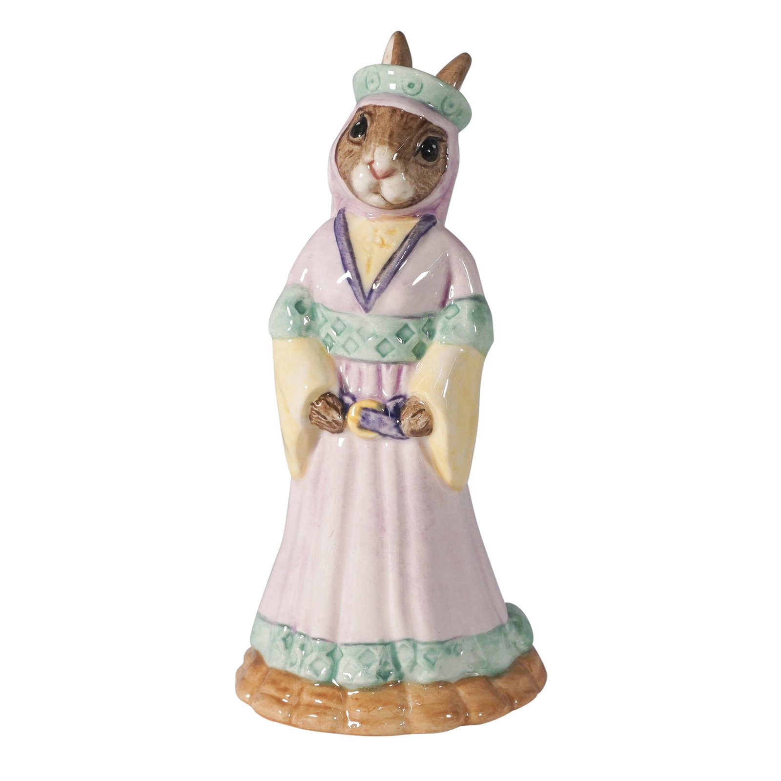 Royal Doulton Bunnykins Figurine, Maid Marion DB245: This Royal Doulton Bunnykins figurine, Maid Marion DB245, is part of the Robin Hood Collection. Handcrafted from fine bone china, this charming piece depicts Maid Marion in a flowing pink gown with gr