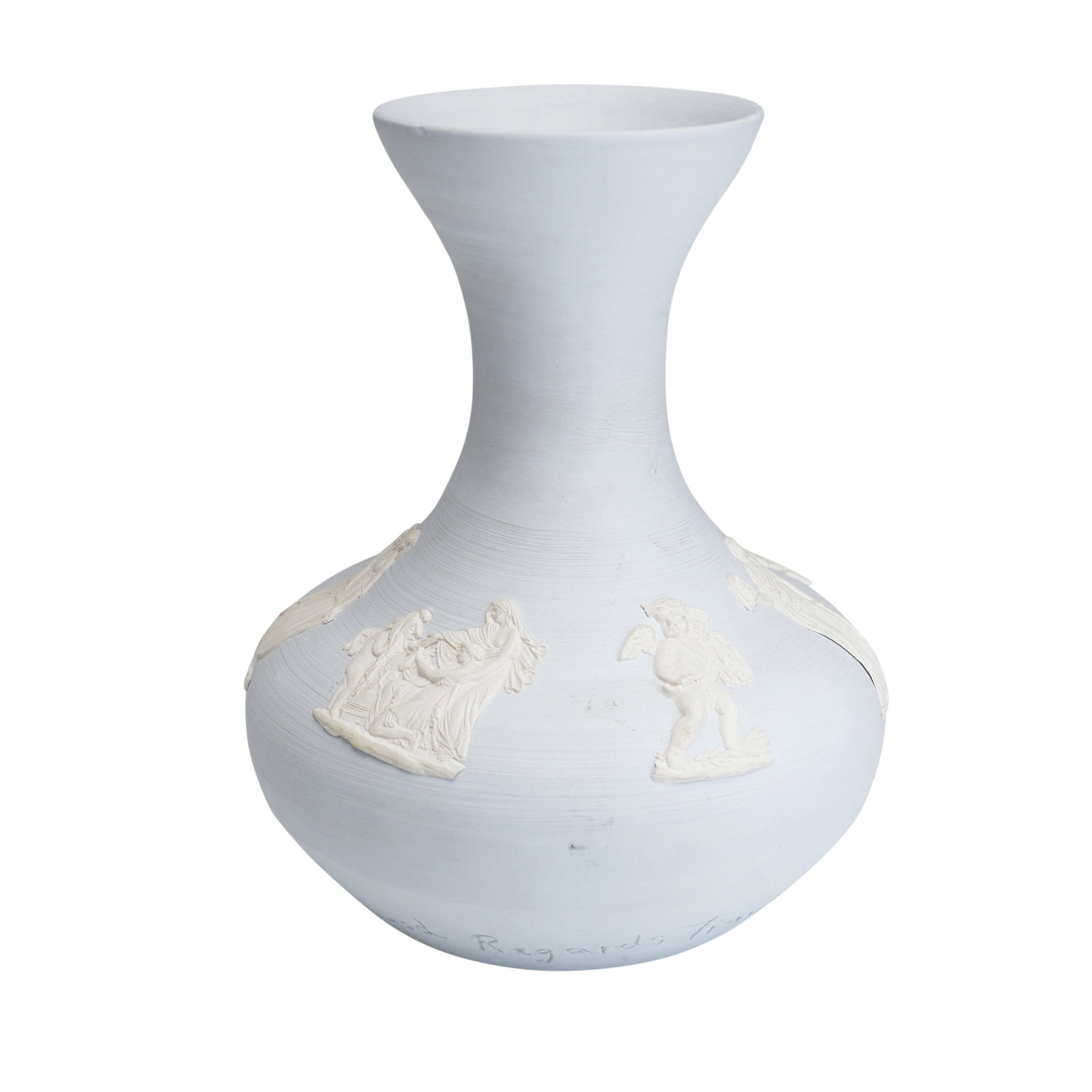 Attributed to Wedgwood Light Blue Jasperware Neoclassical Vase with Provenance: An attributed Wedgwood light blue jasperware stoneware vase featuring a globular body and a wide, flared neck. The exterior is decorated with applied white sprigged reliefs in a neoclassical style, de