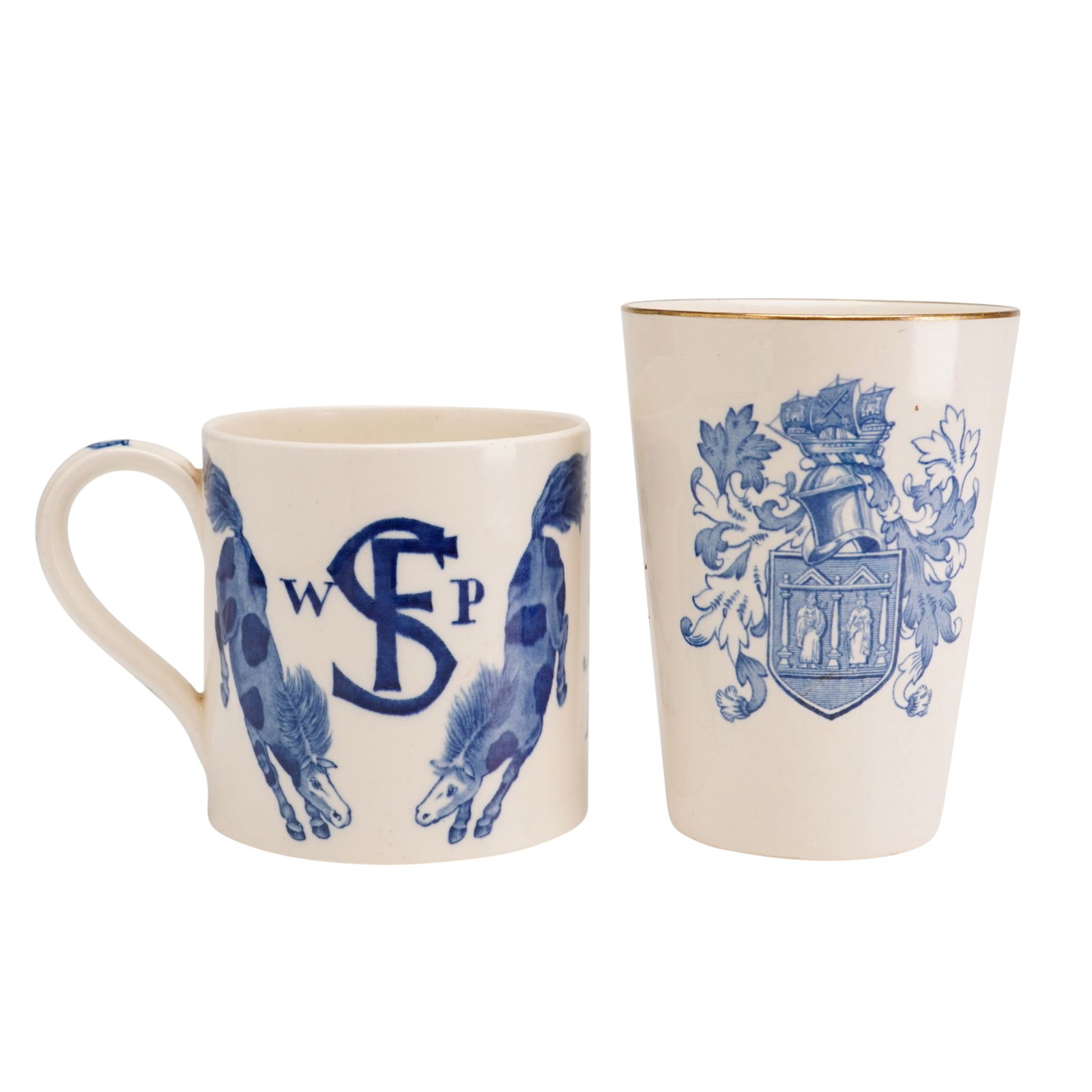 2pc Wedgwood Ceramic Commemorative Cups: This lot consists of two English ceramic commemorative pieces manufactured by Wedgwood from the Rubin Collection, both featuring blue transfer-printed decoration on a creamware body. The first item is