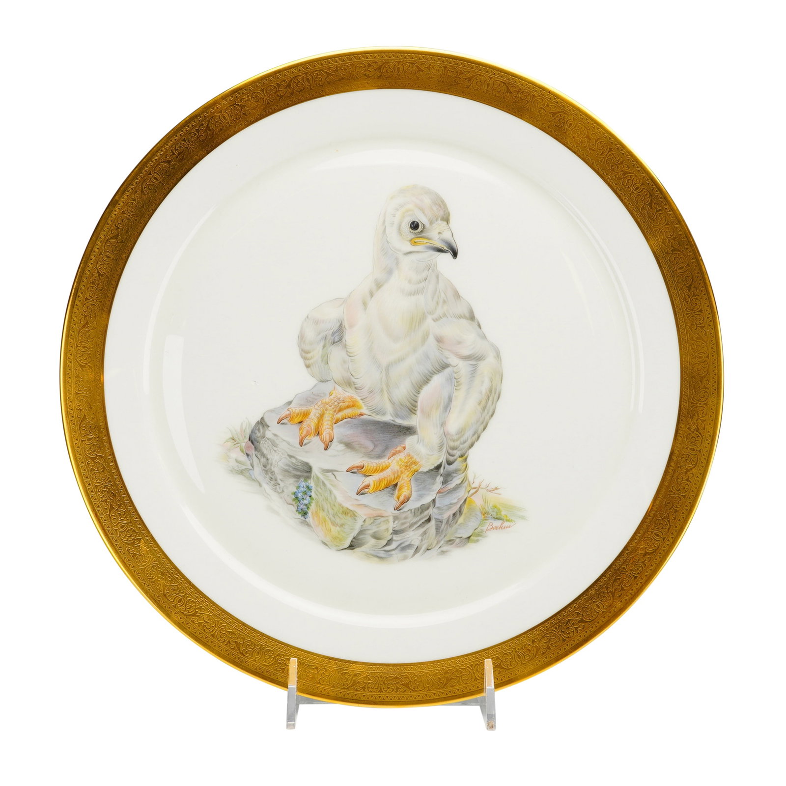 Boehm Young America 1776 Bone China Bird Plate: A fine bone porcelain commemorative cabinet plate manufactured by Edward Marshall Boehm, titled "Young America 1776." The central well features a detailed depiction of a young bald eagle (Haliaeetus l
