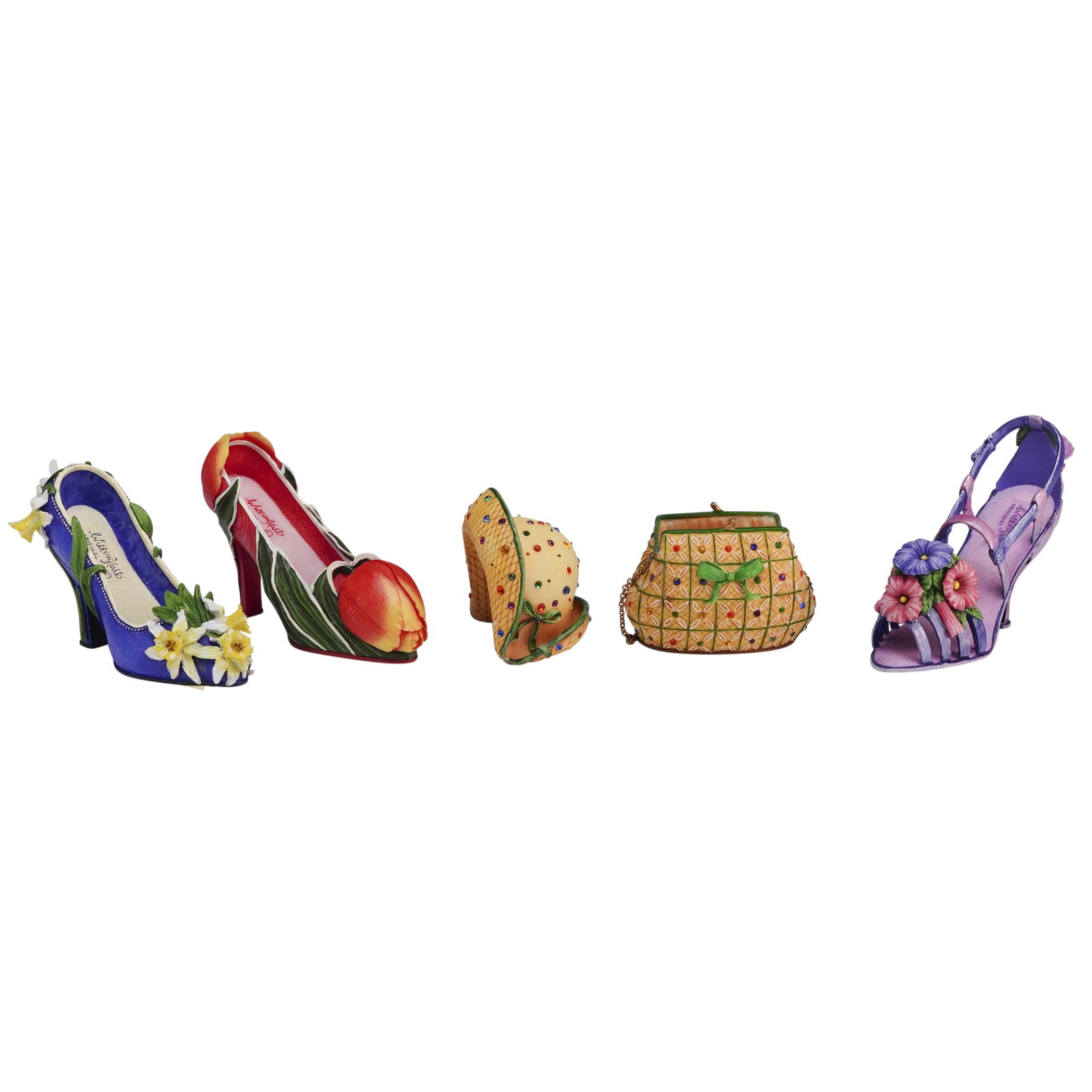 5pc Willow Hall Floral Shoes, Hat, and Handbag Collectible Figurines: This lot comprises five hand-painted cast resin decorative figurines from the Willow Hall Originals collection. Included are three high-heeled shoe figurines from the Flower of the Month series: the M