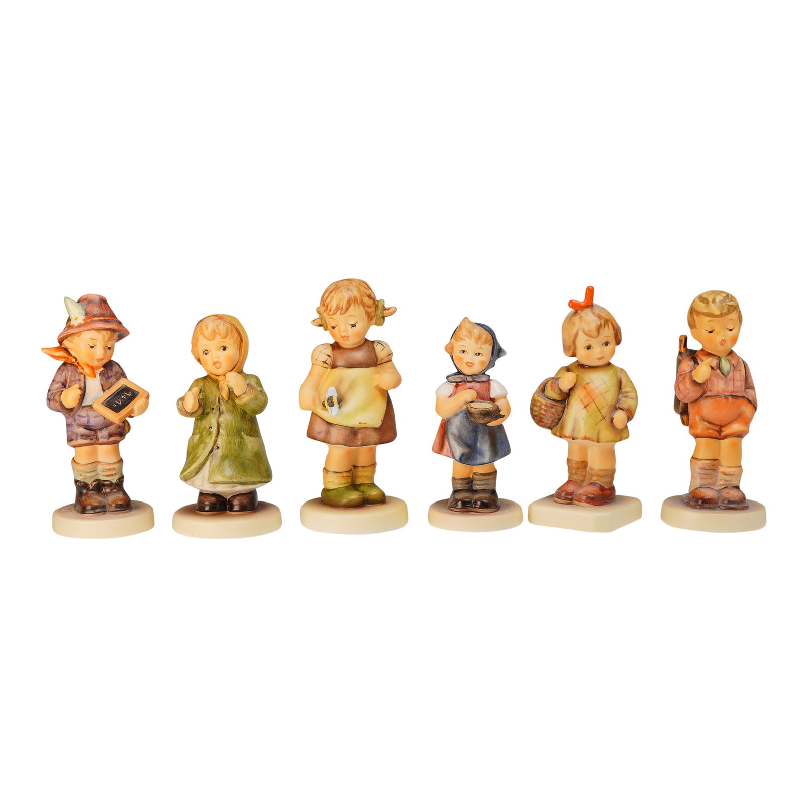 Goebel and Hummel Manufaktur, Collection of Six M.I. Hummel Club Figurines: This collection features six authentic M.I. Hummel figurines, primarily comprised of exclusive M.I. Hummel Club editions. The set includes One Plus One (Eins und eins...) featuring a boy with a school