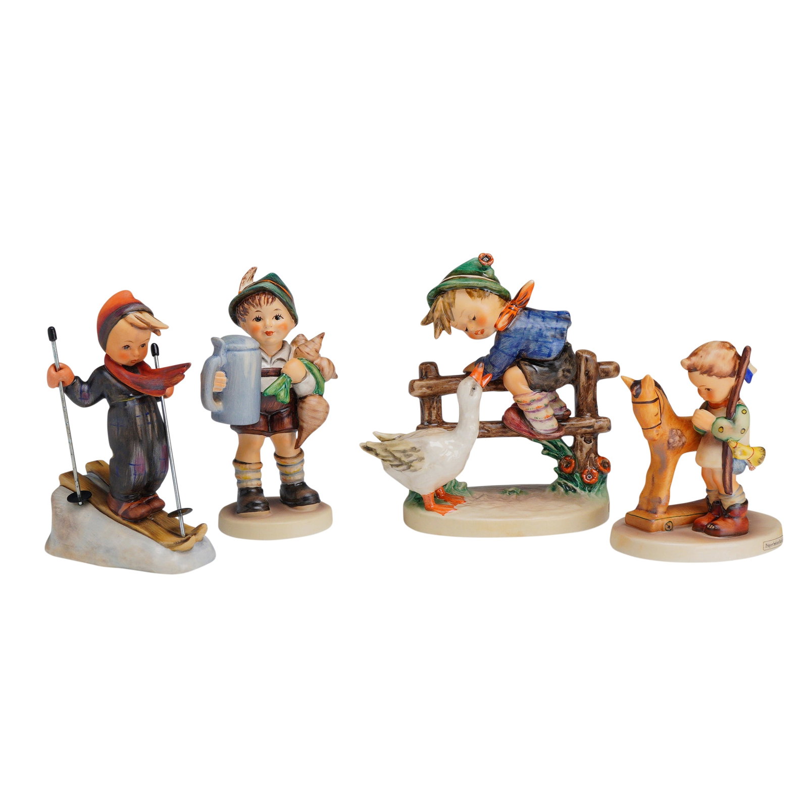 4pc Goebel Hummel Figurines: This collection features four M.I. Hummel hand-painted porcelain figurines manufactured by Goebel in West Germany. Includes Skier (Model 59) depicting a boy in a winter suit with metal poles; For Fath