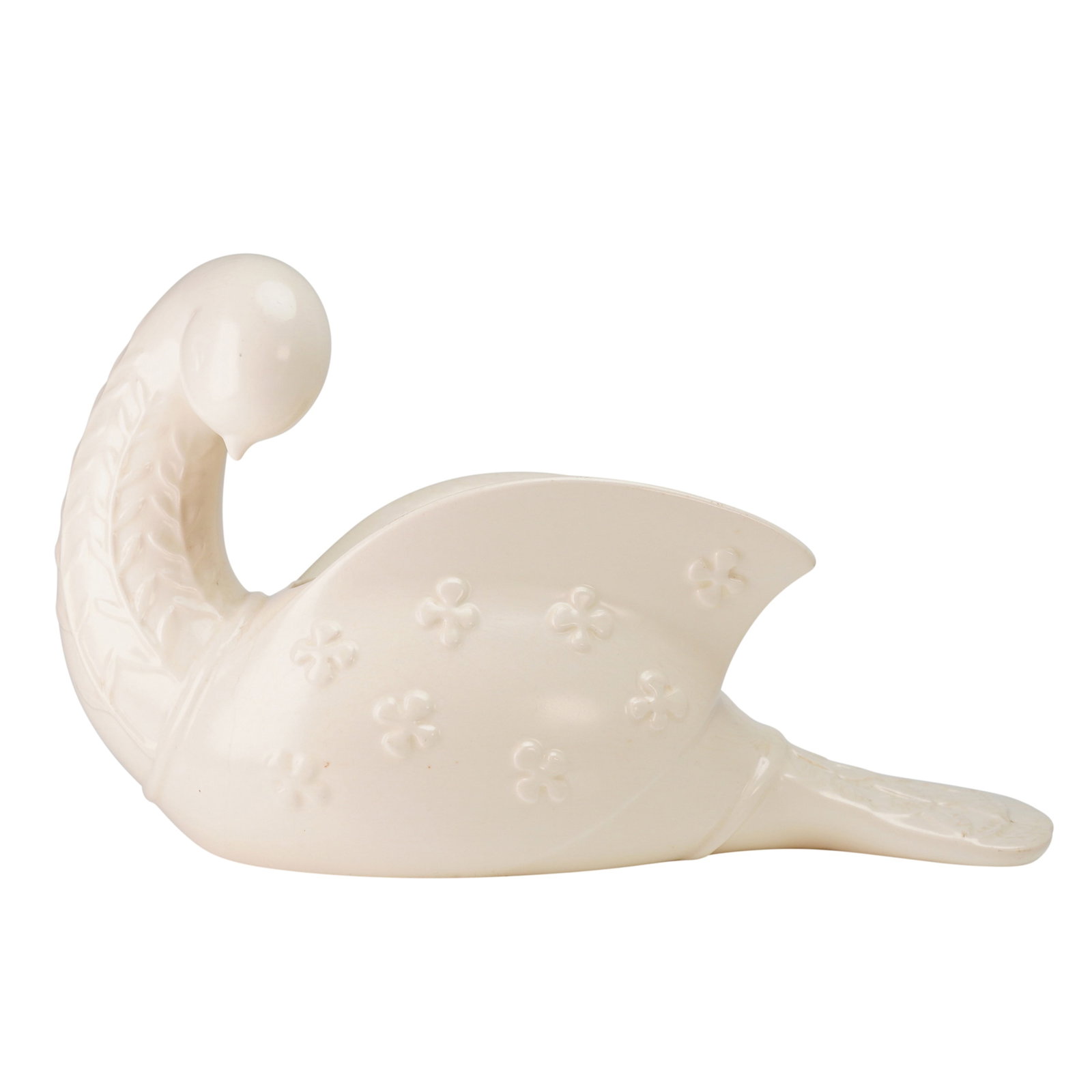 Beswick by Kathi Urbach Porcelain Dove Planter: This glazed ceramic vessel is formed as a stylized bird, often identified as a peace dove, with its head turned back toward a central opening in the upper body. The piece is finished in an off-white o