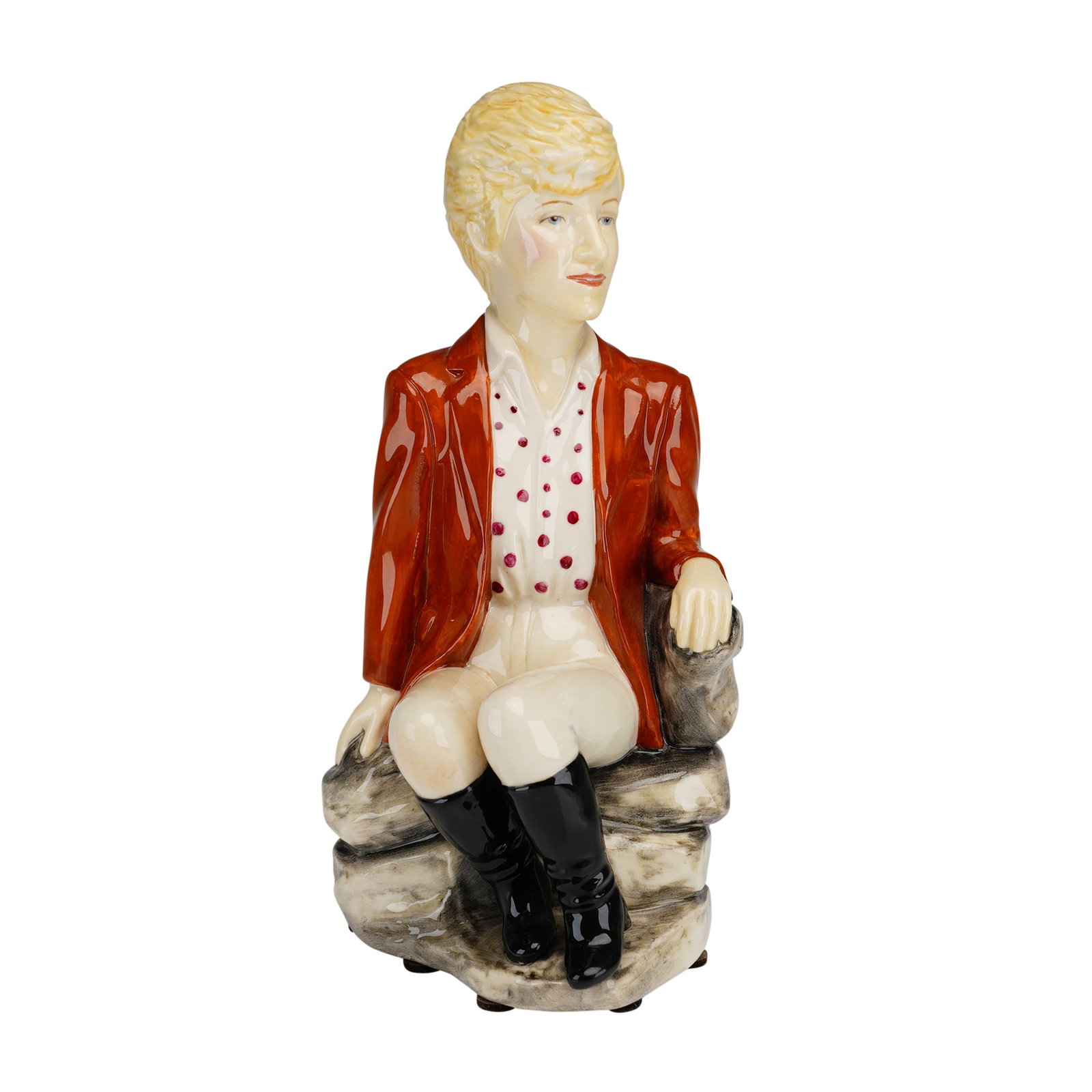 Kevin Francis Ceramics Limited Edition Character Jug, Princess Diana: A glazed ceramic character jug or small teapot depicting Princess Diana, produced by Kevin Francis Ceramics of Staffordshire, England. The figure is portrayed in equestrian attire, seated on a rocky o