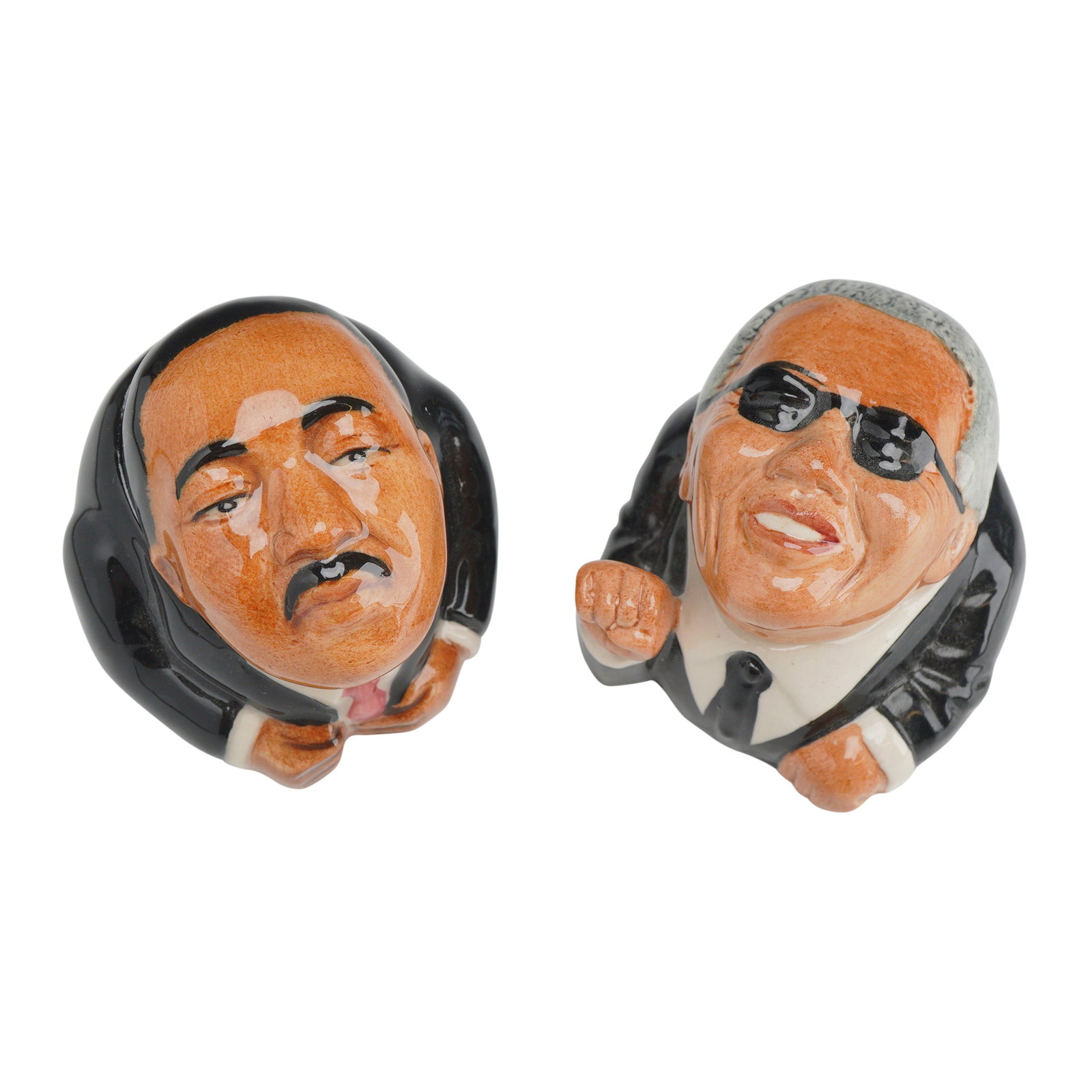 2pc Kevin Francis Ceramic Face Pots, Martin Luther King Jr. and Nelson Mandela: A pair of glazed ceramic character jars, known as Face Pots, produced by Kevin Francis in England. The set includes depictions of Civil Rights leader Dr. Martin Luther King Jr. and South African Presi