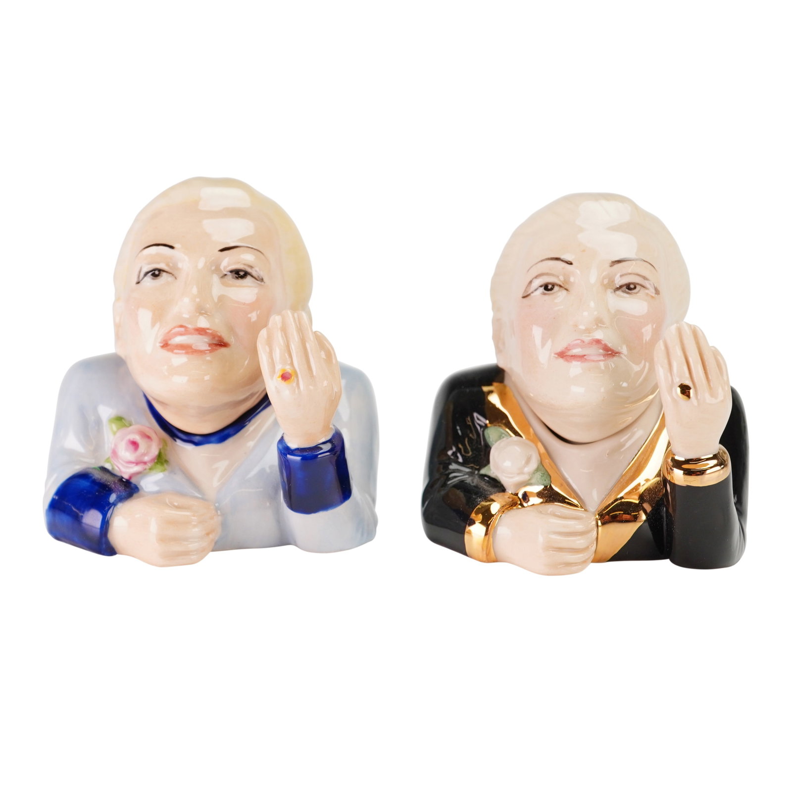 2pc Kevin Francis Eva Peron Face Pots, Evita and Prototype Evita: A pair of hand-painted glazed ceramic Face Pots by Kevin Francis, depicting the Argentinian figure Eva Peron. Each collectible vessel is composed of a removable lid in the form of a head and a base mo