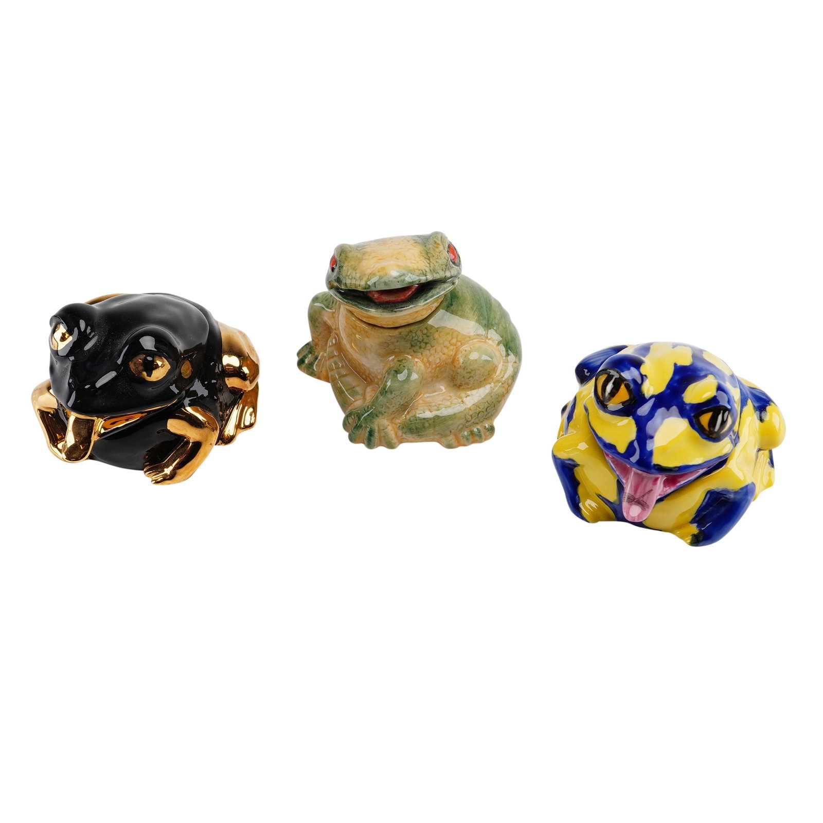 Lot of 3 Kevin Francis Face Pots Including 1 Limited Edition Gecko and 2 Frogs: This lot features three glazed ceramic lidded trinket pots from the Face Pots collection by Kevin Francis, manufactured in England. Each figure is modeled in a stylized amphibian or reptile form with 