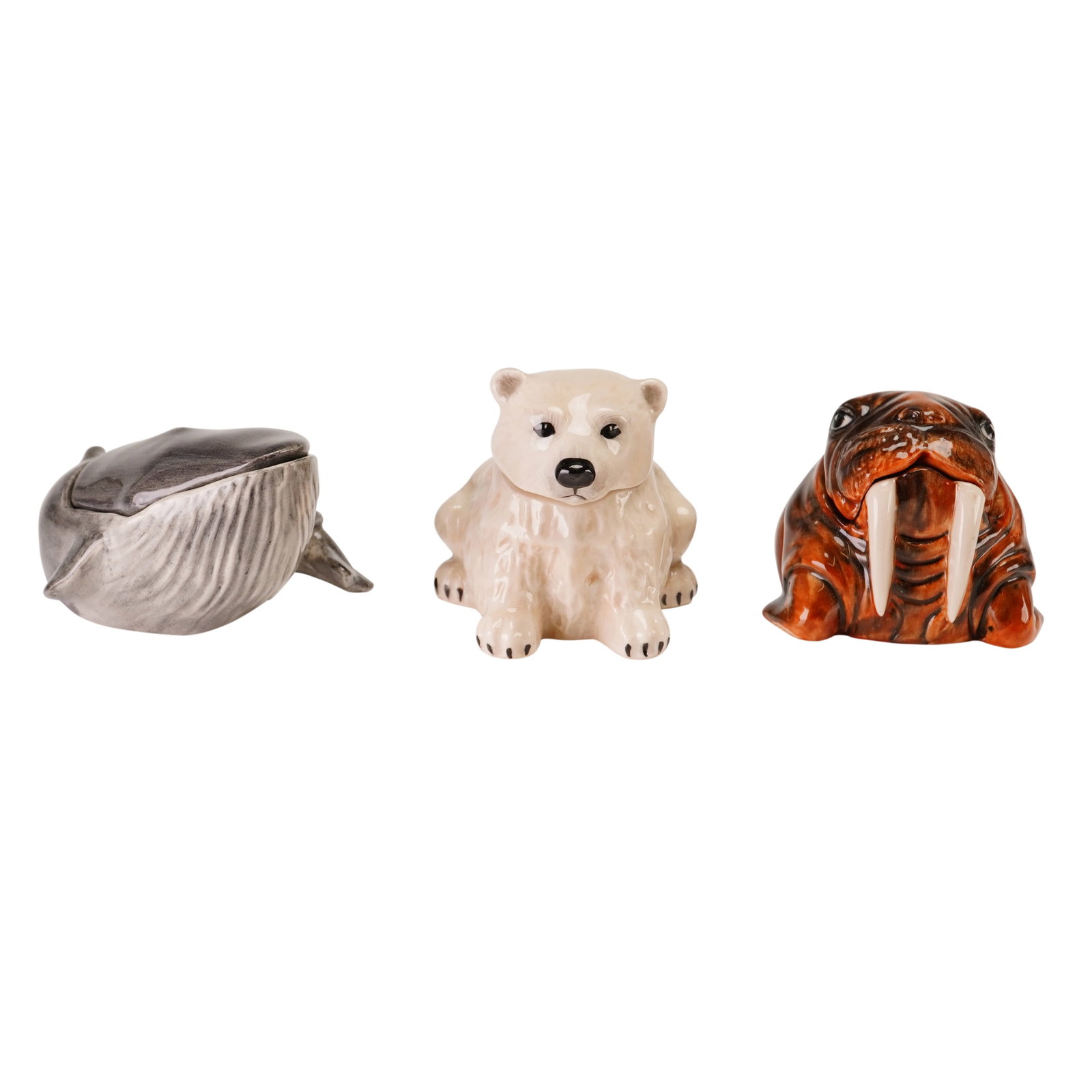 3pc Kevin Francis Ceramic Face Pots, Bernard, Nanuk, and Paul: This collection includes three miniature lidded ceramic trinket boxes, known as Face Pots, manufactured by Kevin Francis in England. Each piece is modeled as a stylized animal with a removable lid and