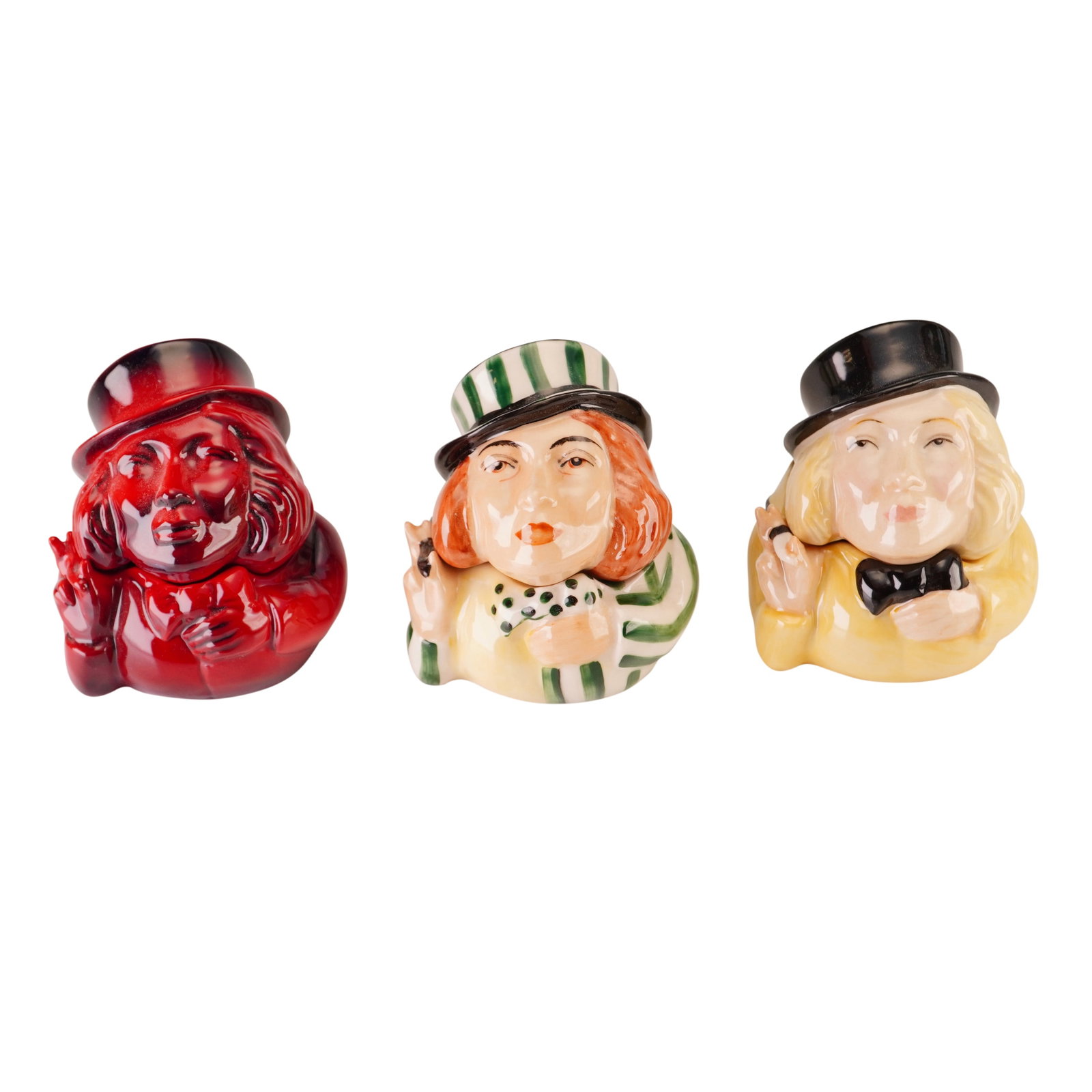 3pc Kevin Francis Ceramic Prototypes Face Pots, Marlene Dietrich: A collection of three Kevin Francis ceramic Face Pots featuring the actress Marlene Dietrich. These two-piece trinket boxes are designed as character busts of Dietrich in her iconic top hat and tuxedo