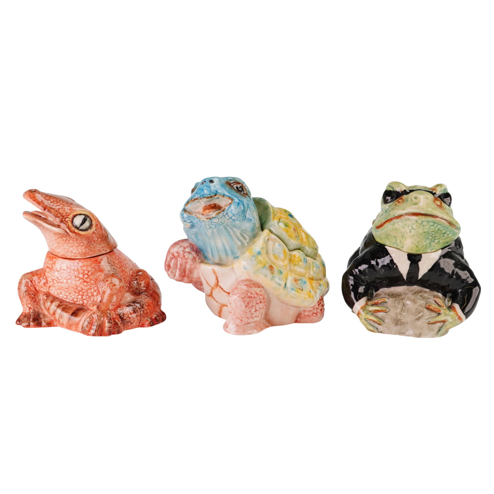 3pc Kevin Francis Face Pots, Gill, Lewis, and Blues Brothers: Kevin Francis Face Pots collection, featuring three glazed ceramic lidded jars including two prototype color trials and one special edition piece. The first figurine, Gill the Gecko, is decorated with