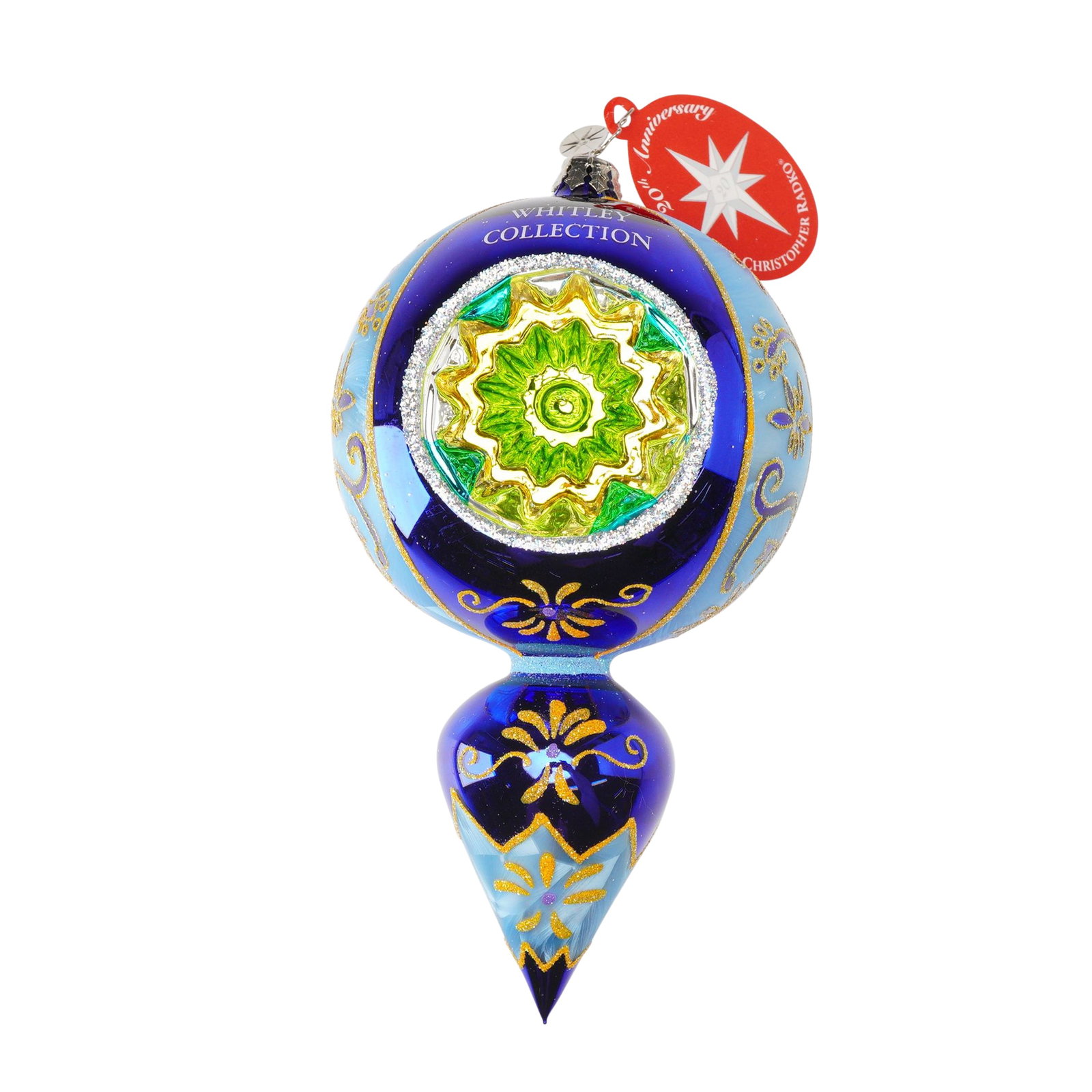 Christopher Radko Blue Christmas Tree Ornament, Fantasia St. Basil's Baubles: This Christopher Radko "St. Basil's Baubles" glass Christmas ornament is designed with a rich, dual-toned body of cobalt blue and sky blue, inspired by the architecture of St. Basil's Cathedral. On tw