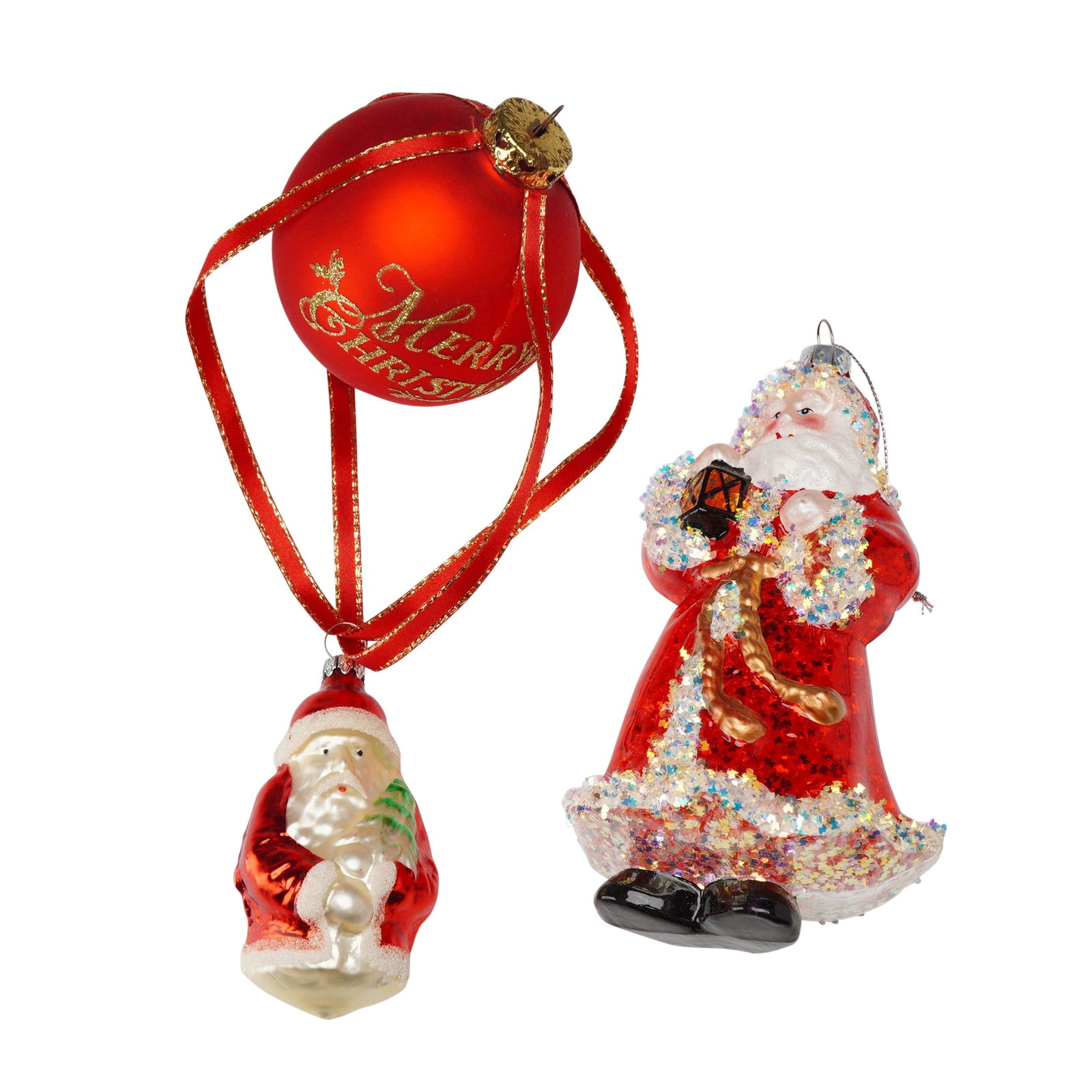 2pc Santa Clause Themed Christmas Tree Ornaments: This two-piece holiday ornament set features a cohesive red theme centered around classic Christmas imagery. The first piece is a full-length Santa figurine adorned with sparkling glitter accents and 