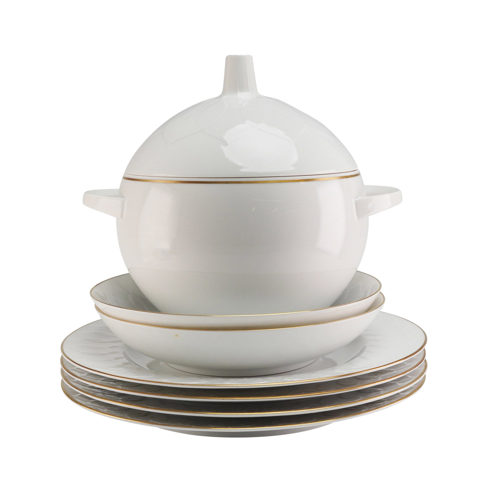 7pc Rosenthal Studio Linie Dinnerware, Secunda Gold: The collection consists of white glazed fine china tableware consistent with 20th-century modernist design. The set includes a covered soup tureen (two pieces: handled base and matching lid with a tap