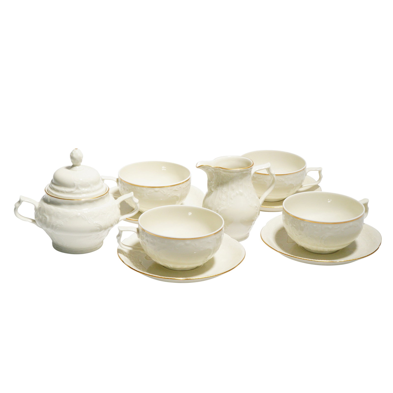 10pc Rosenthal Porcelain Cafe Ware Set, Sanssouci - Gold Band: A Rosenthal Sanssouci Gold Band porcelain set: lidded sugar bowl, creamer, three cups with saucers. Cream porcelain with raised rococo scrollwork and gold banding. Underside marked Rosenthal, classic,