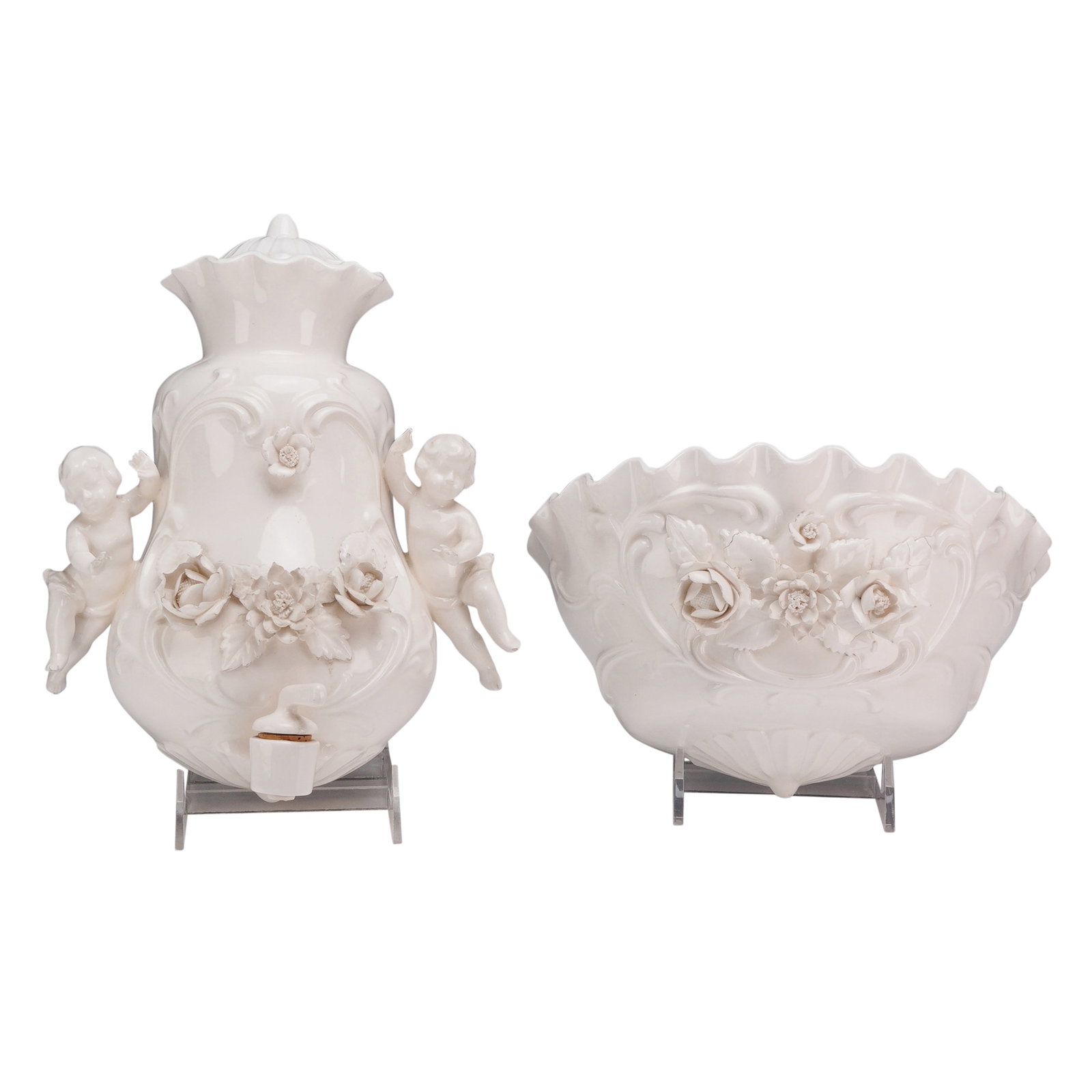 2pc Lenwile Ardalt Porcelain Lavabo Set: This is a wall-mounted two-piece ceramic lavabo set, consisting of a lidded cistern and matching basin, produced in Japan and imported by Ardalt. The set features a monochrome white glaze with intrica