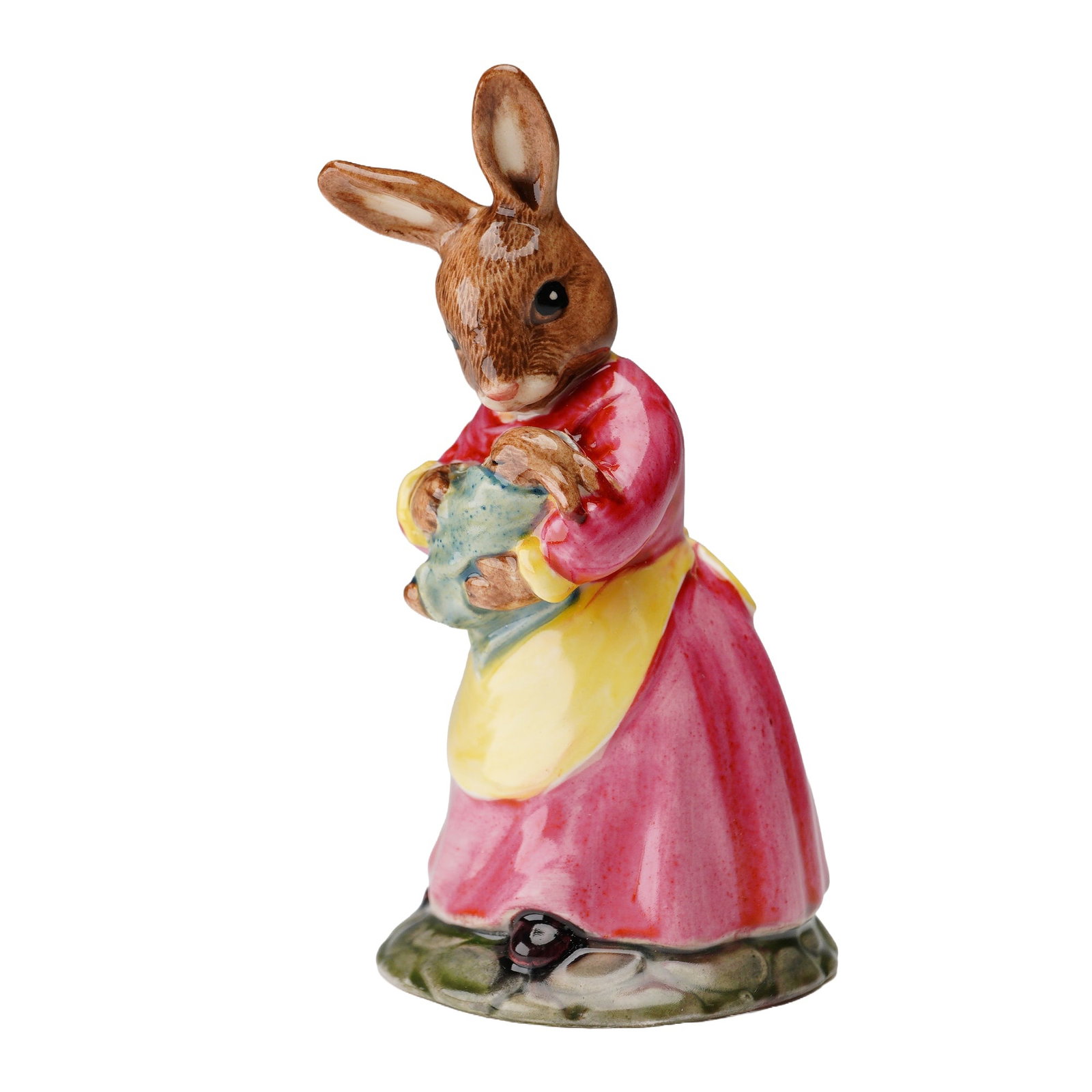 Royal Doulton Bunnykins Prototype Colorway Figurine, Mother and Baby DB167: A rare Royal Doulton Bunnykins prototype figurine depicting a mother rabbit in a red dress with yellow apron holding her baby in a blue blanket. Beautifully hand-painted with fine detailing to the fur