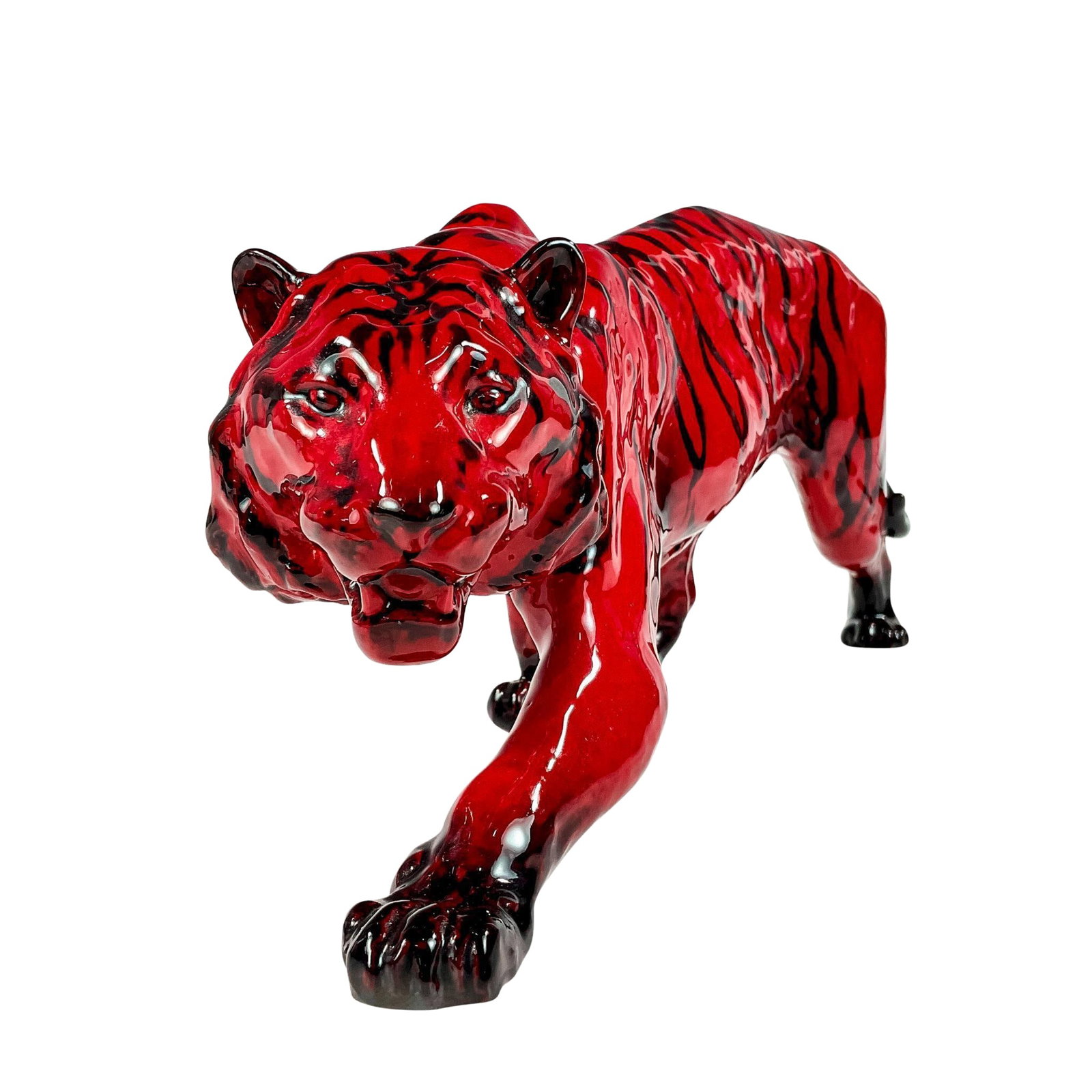Royal Doulton Flambe Figure, Tiger Stalking HN1082: Style 2. Model 809. Rich red flambe glaze with black stripes. Doulton Flambe backstamp. Dimensions: 13.5"L x 3.5"W x 5.5"H Date or Era: 1950-1996 Manufacturer or Brand: Royal Doulton Country of Origin