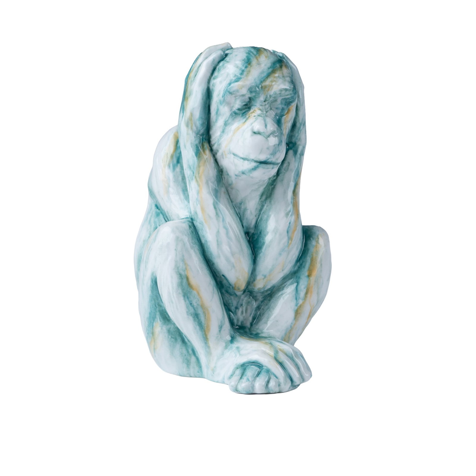 Royal Doulton Experimental Figurine, Does Not Hear Monkey: An extremely rare Royal Doulton figurine of a monkey in the "Does Not Hear" pose, finished in the distinctive Royal Doulton jade glaze. This striking piece is part of a rare set based on the Three Wis