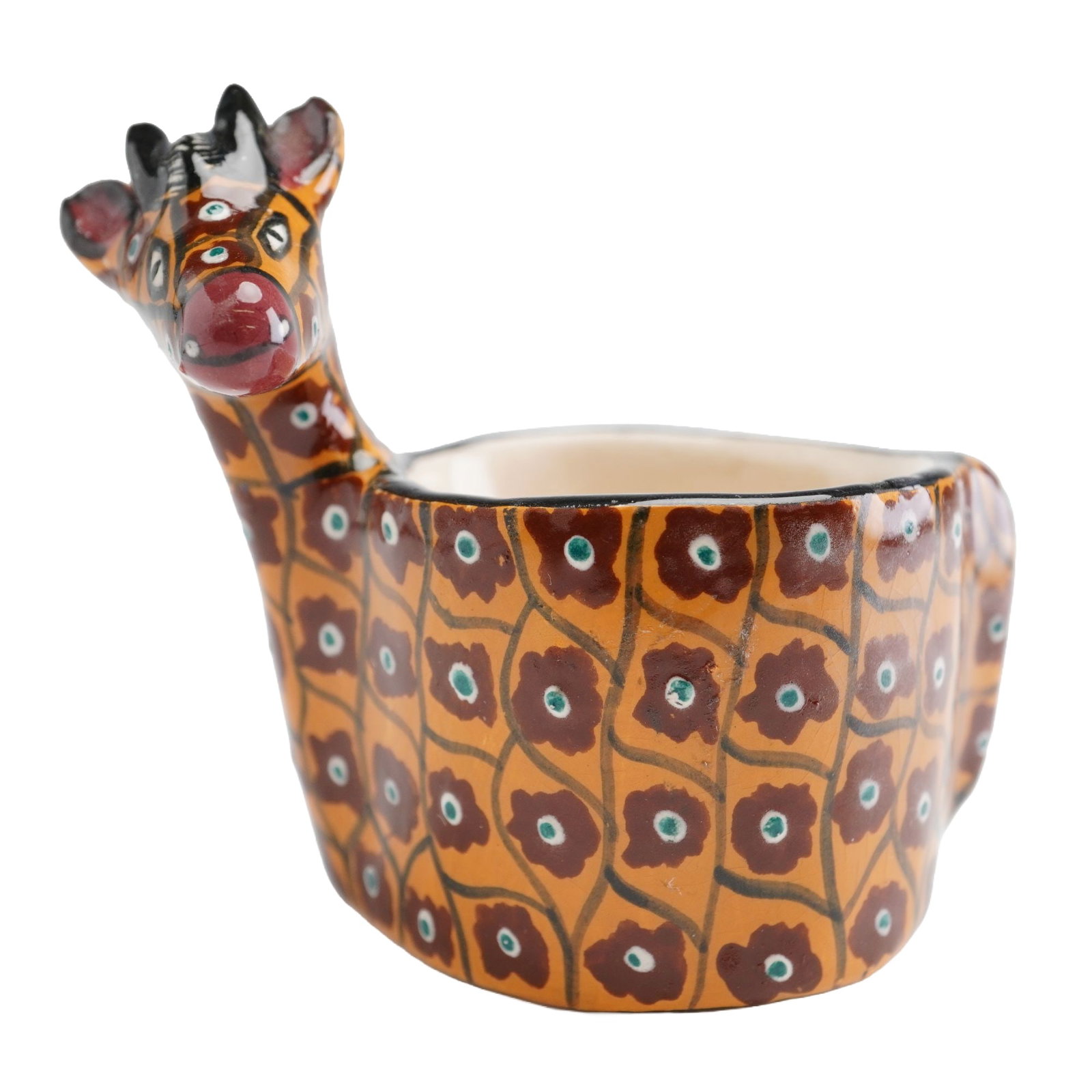 Ardmore Studio African Ceramic Giraffe Egg Cup: A ceramic egg cup by Ardmore Ceramic Art, a South African studio known for wildlife-inspired ceramics produced through a collaborative studio model with Zulu and Zimbabwean artisans. This giraffe-form