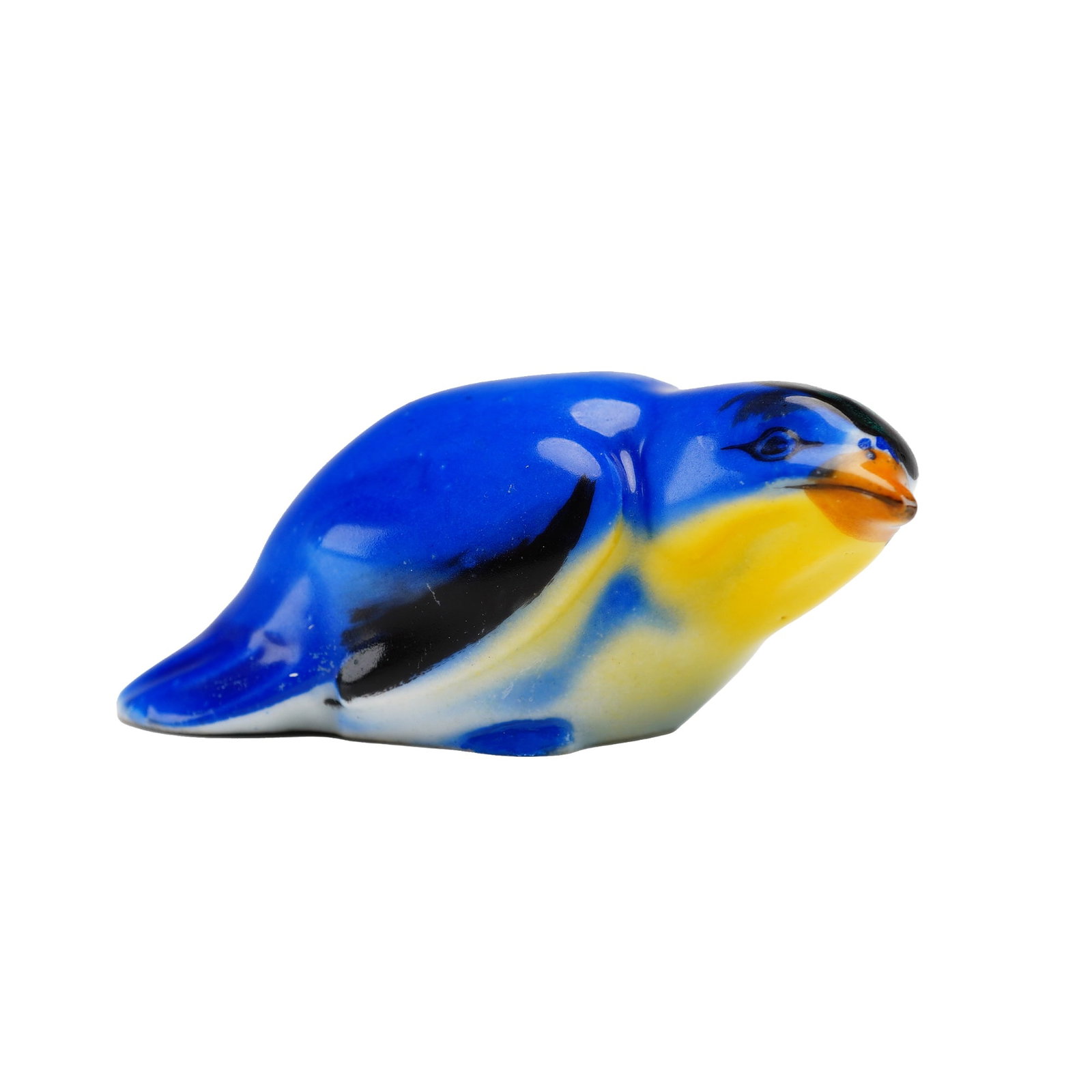 Royal Doulton Bird Figurine, Fledgling HN145A: Style one, blue and yellow coloration with black tips on the wings and a brown beak. Royal Doulton backstamp. Model 1236. Dimensions: 2.75"L x 1.5"W x 1.25"H Date or Era: 1917-1936 Manufacturer or Bra