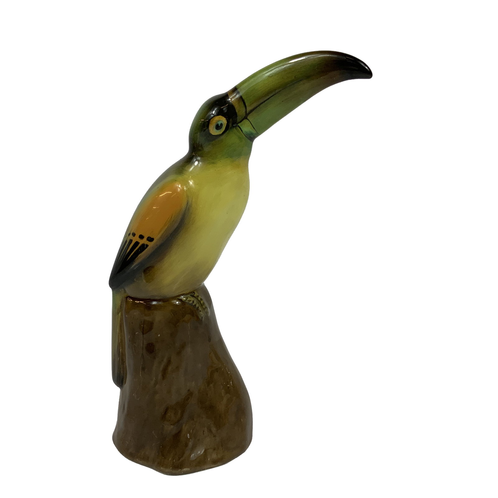 Royal Doulton Porcelain Figurine, Toucan on Perch HN159: This Royal Doulton porcelain figurine, model HN 159, depicts a toucan perched on a stylized brown tree stump. The item is finished in a polychrome high-gloss glaze. The bird features a green beak with