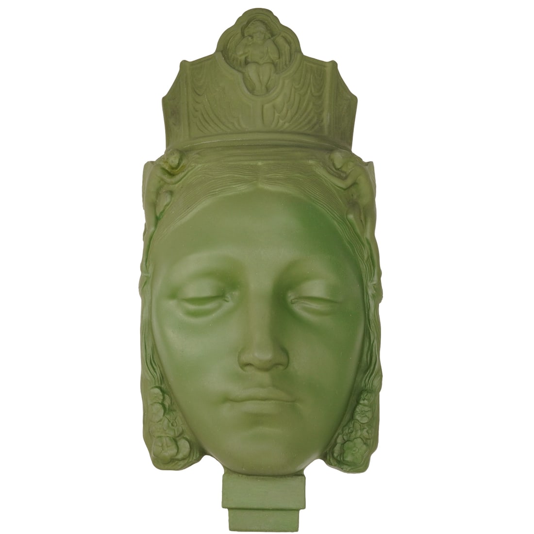 Doulton & Co. by Richard Garbe Wall Mask, St. Agnes HN1786: This beautifully crafted St. Agnes wall hanging by Doulton & Co. features a serene depiction of the saint with an elegant crown, finished in a rich green glaze. The backstamp includes hand written tit
