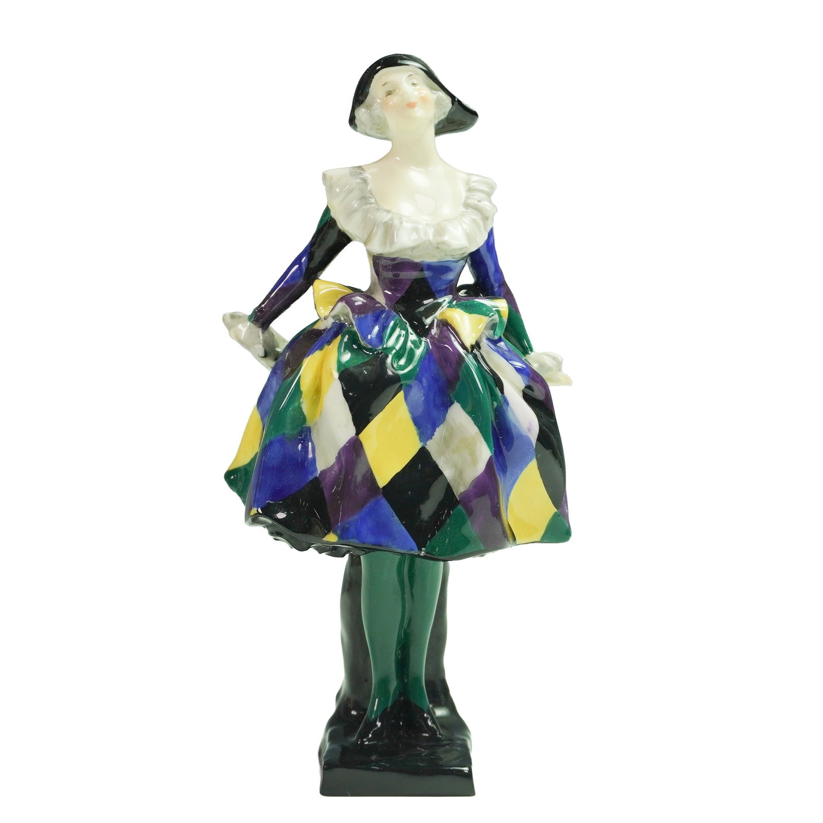 Royal Doulton Figurine, Harlequinade HN585: This early figure features a standing female character in theatrical costume, part of the Harlequinade series. The subject is dressed in a diamond-patterned dress painted in blue, yellow, green, black
