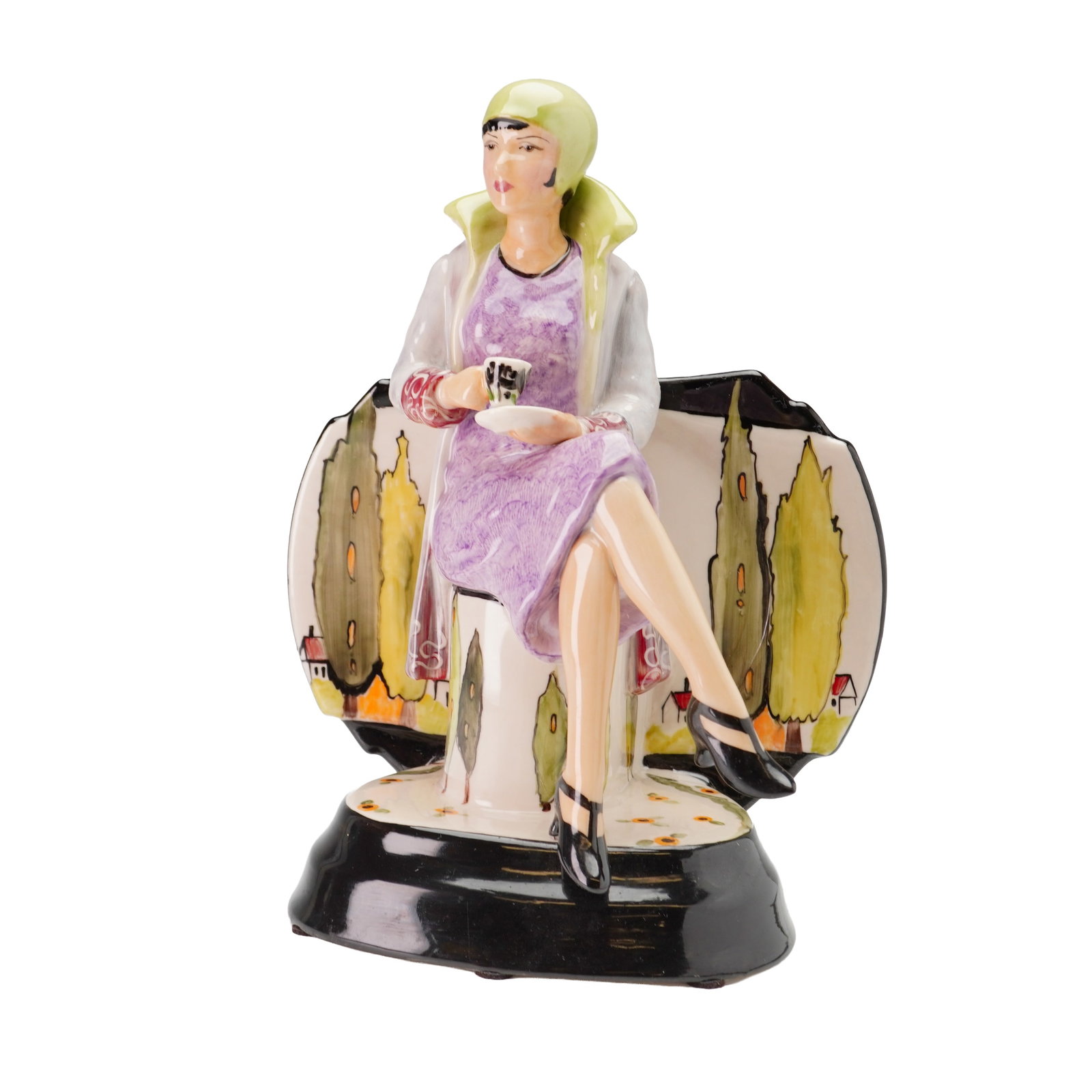 Kevin Francis by Victoria Bourne Ceramic Figurine, Artist Original Proof: The piece is rendered in an Art Deco style, depicting a seated woman wearing a purple dress, a light gray coat with an exaggerated wide collar, and a lime green cloche hat. The figure is portrayed hol
