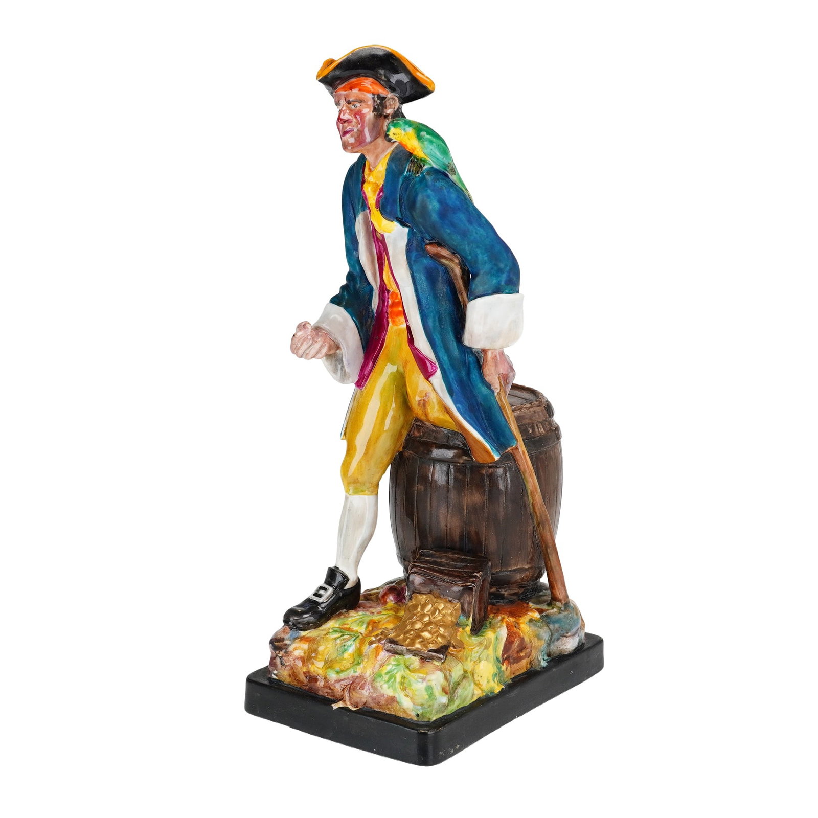 Wedgwood Bone China Figure of Long John Silver, England, circa 1924: Wedgwood bone china figure of the pirate Long John Silver from Treasure Island, modeled by Montague Weaver-Bridgeman circa 1924. The polychrome glazed porcelain figurine features the character with a 