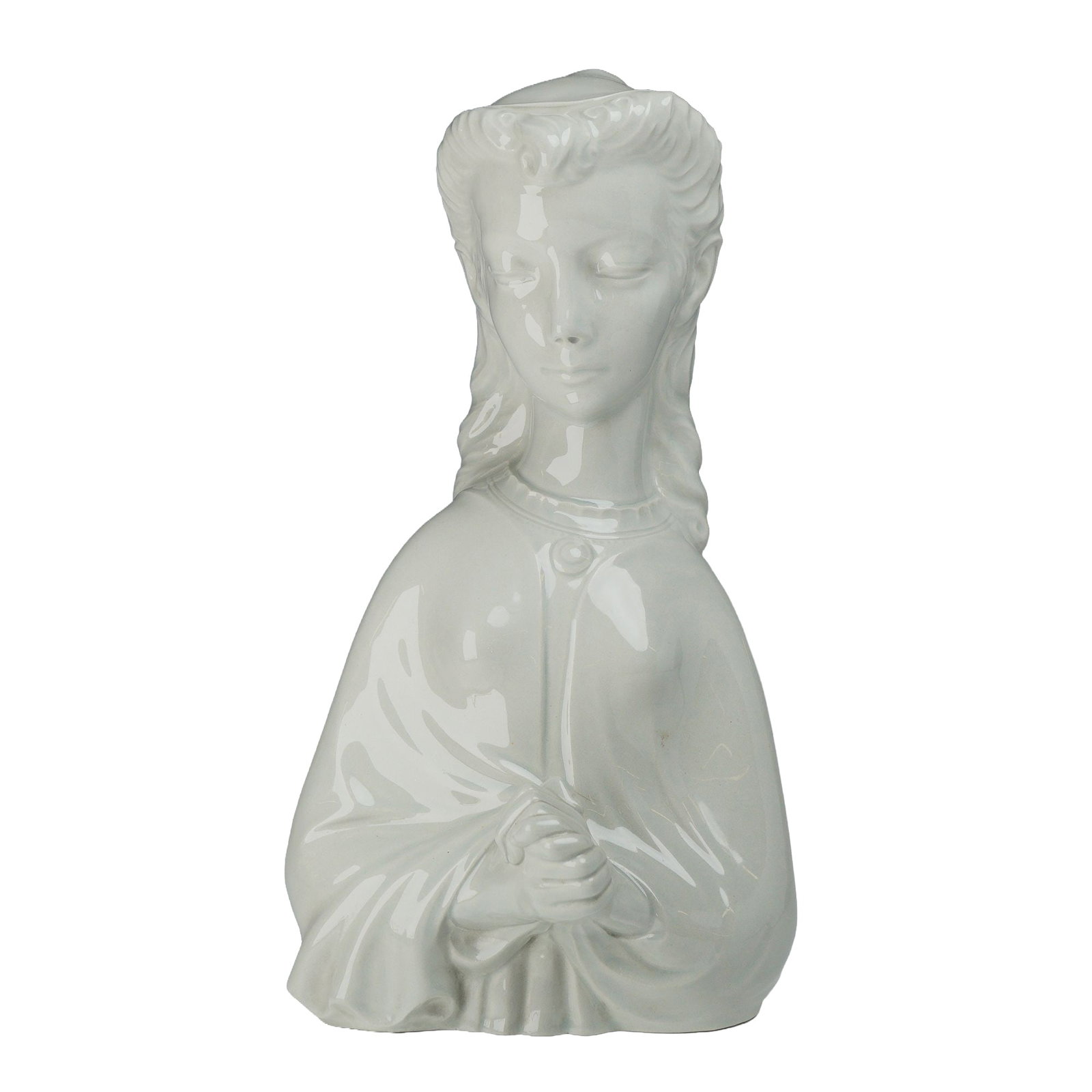 Wedgwood Burlaston Windsor Grey Penelope Figurine by Arnold Machin: This mid-century glazed porcelain bust, titled Penelope, was designed by artist Arnold Machin for Wedgwood. The figure features a serene female subject with closed eyes and clasped hands in a contempl