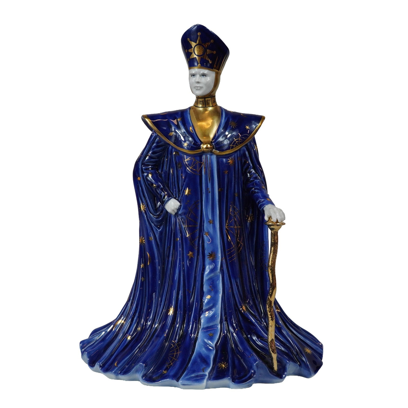 Wedgwood by Jack Glynn Glaxay Collection Bone China Figurine, The Governor: A Wedgwood bone china figurine titled The Governor from the Galaxy Collection. The figure is depicted in a standing pose wearing voluminous cobalt blue robes intricately hand-decorated with gilded cel
