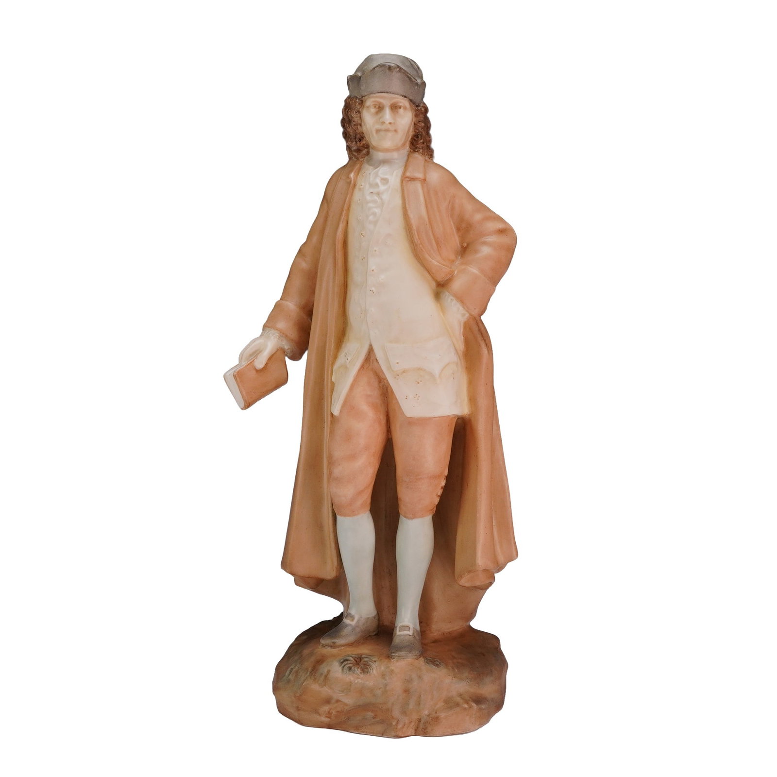 Wedgwood Hand Painted Bisque Porcelain Figurine of Voltaire: This hand-painted bisque porcelain figurine by Wedgwood depicts the French Enlightenment philosopher Voltaire. The figure is shown in 18th-century attire, featuring a soft grey cap, a long terracotta-