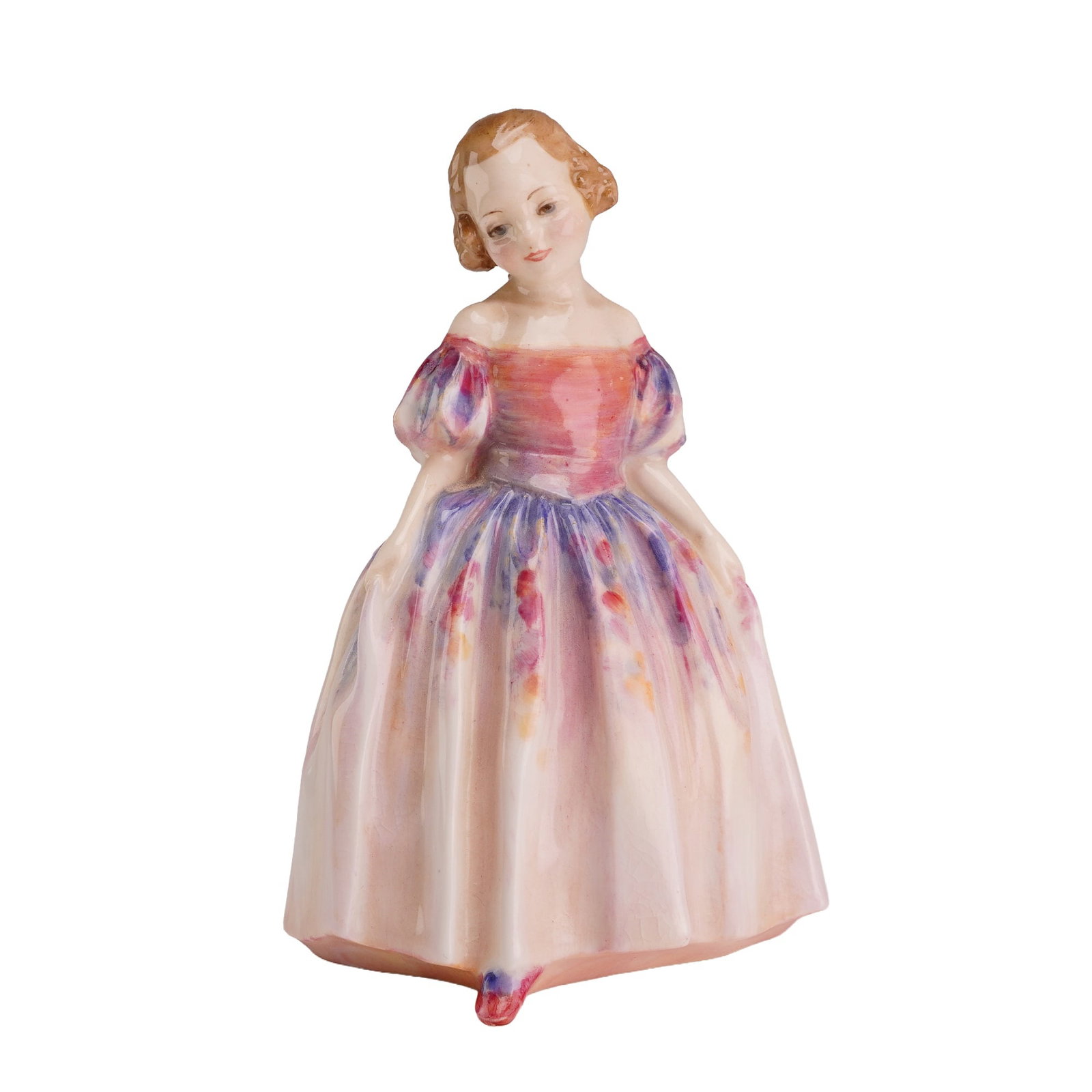 Royal Doulton by Leslie Harradine Figurine, Marie HN1635, Rare Version: Depicts a young girl in a mid-19th-century style dress. The figure is constructed of polychrome glazed porcelain and features light brown hair with a gown consisting of a pink bodice, puff sleeves, an