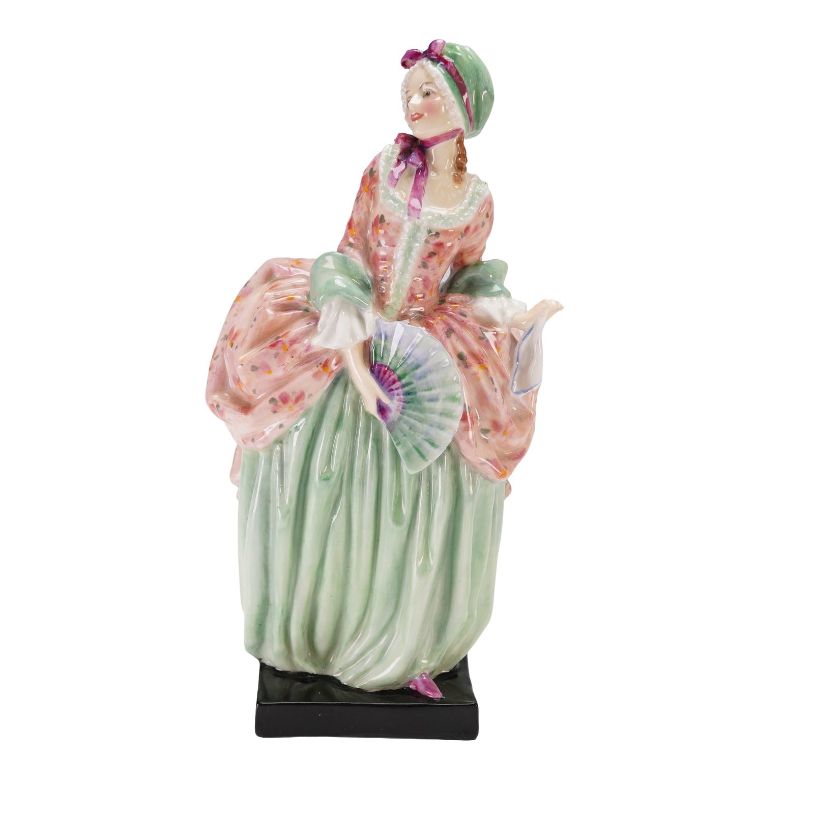 Royal Doulton Figurine, Miranda HN1819, Style One: This Royal Doulton figurine, Miranda HN1819, depicts a woman in a flowing gown, delicately holding a fan. The figure is beautifully painted in soft shades of peach and seafoam green, with intricate de