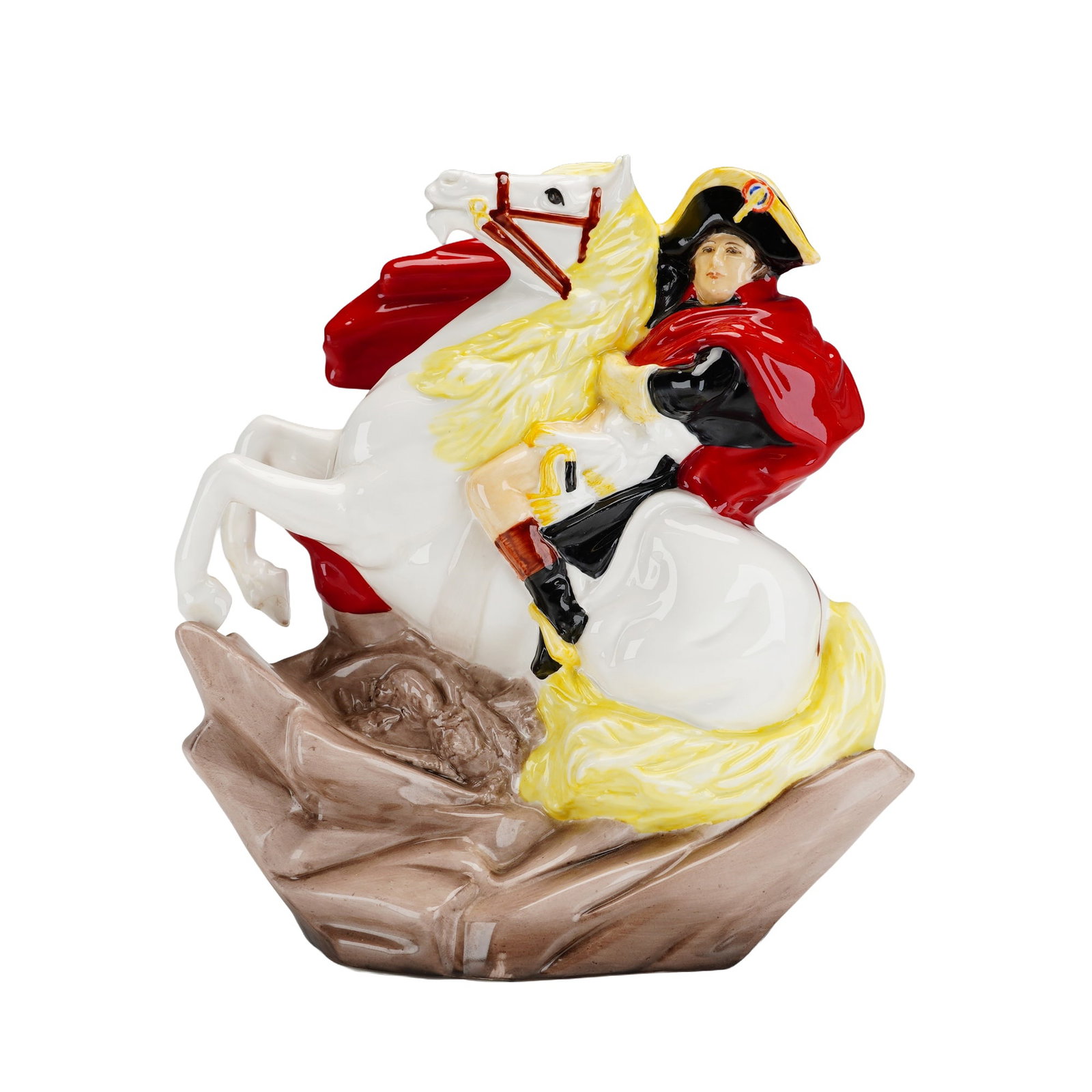 Michael Sutty Porcelain Figuirne, Napoleon Bonaparte 1800: This porcelain figure, produced by Michael Sutty in a limited edition of 1000, is modeled after the 19th-century oil painting, Napoleon Crossing the Alps, by Jacques-Louis David (French, 1748-1825) de