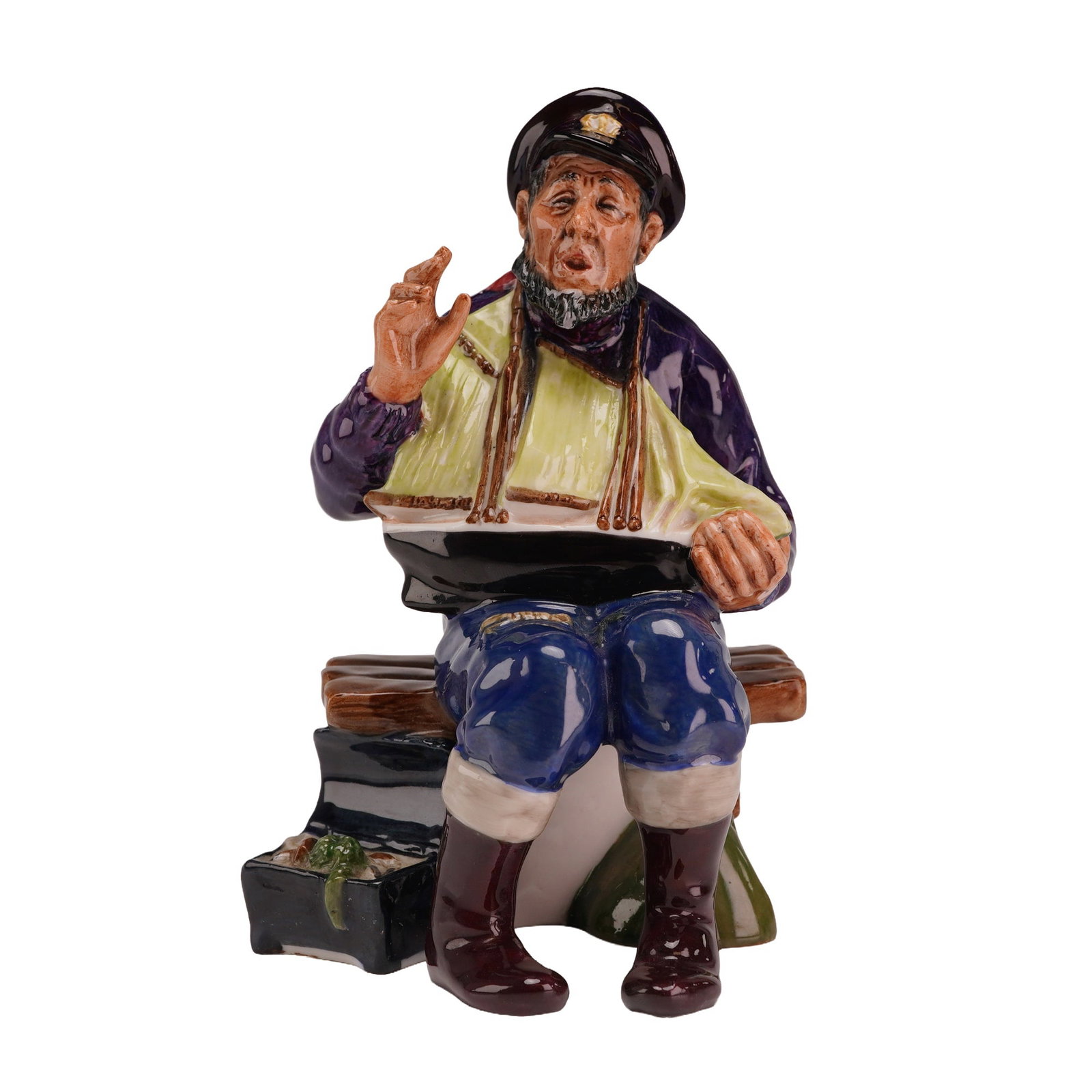 Royal Doulton Prototype Figurine, Tall Story: A Royal Doulton polychrome glazed porcelain figurine titled Tall Story, model number HN 2248. The figure depicts an elderly mariner with a gray beard, wearing a dark blue peaked sailor cap, a purple j
