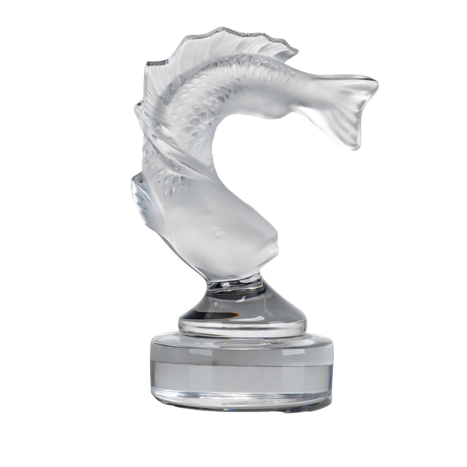 Lalique France Crystal Leaping Fish Paperweight: The sculpture features a fish in a dynamic C-shaped curve, with the body rendered in a frosted or satin finish that emphasizes the detailed scales. The head, tail, and fins are polished to a clear fin