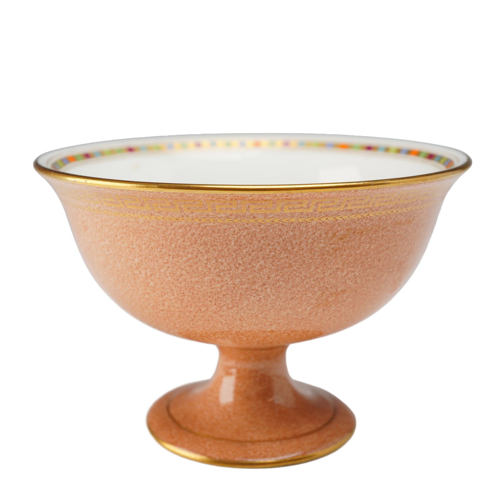 Wedgwood Fairyland Luster Bowl with Armagh Design: This circular footed bowl is manufactured by Wedgwood, dating to circa 1920. The porcelain body features a flared rim and sits upon a waisted pedestal foot. The exterior is decorated in a mottled oran