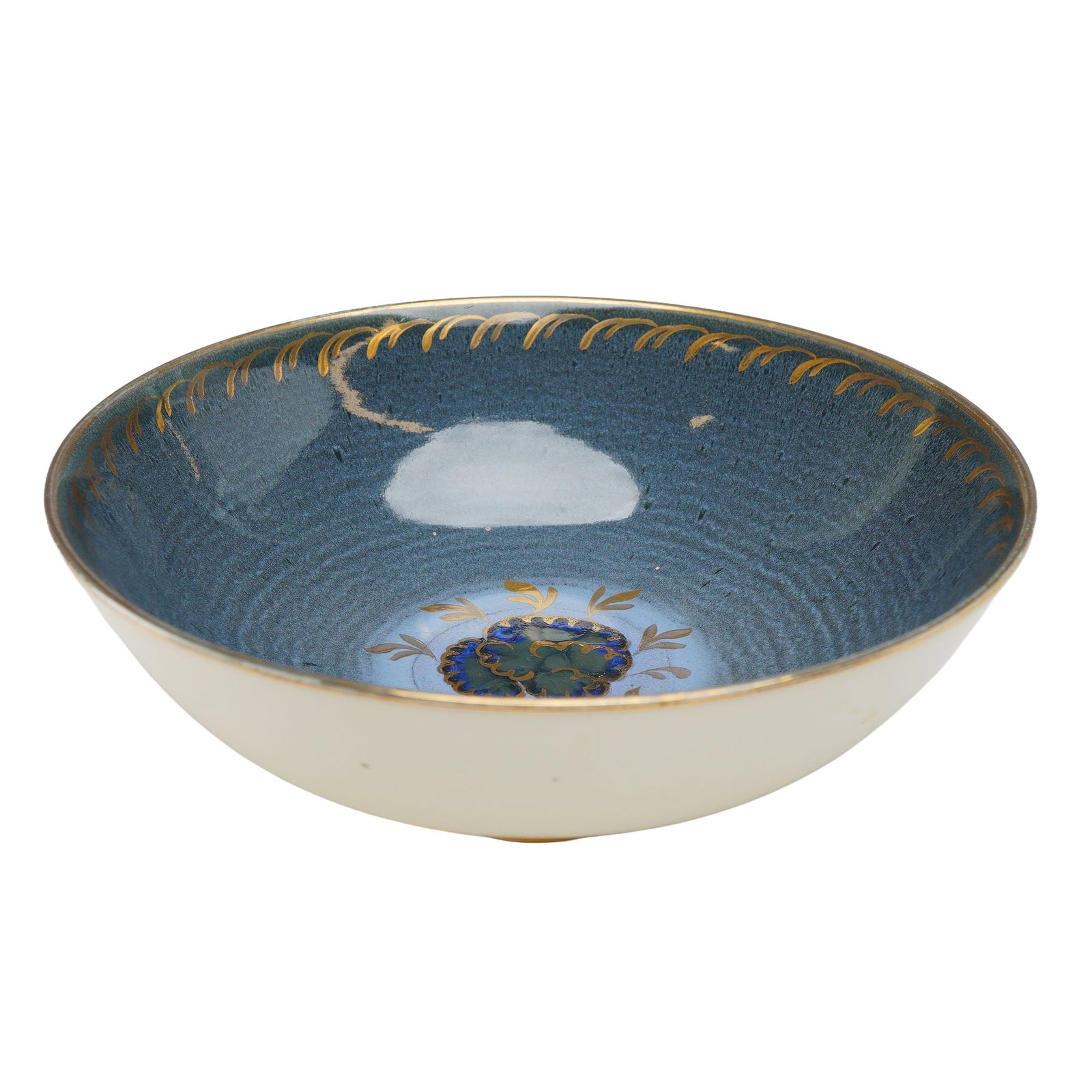 Wedgwood Luster Porcelain Bowl: A Wedgwood porcelain luster bowl featuring a mottled blue interior with gilded accents. The shallow, wide-mouthed form is decorated on the interior with a central hand-painted floral medallion in blue