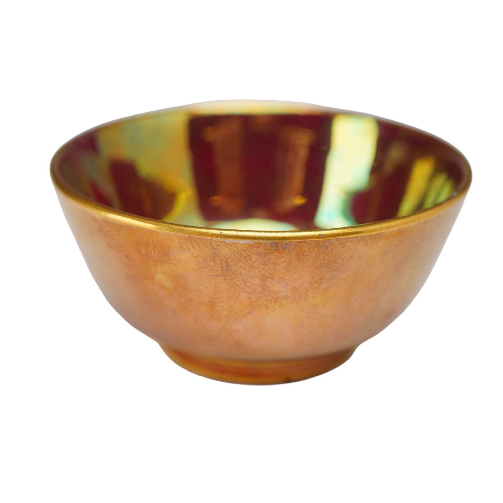 Wedgwood Miniature Lustre Bowl, ca. 1920: This miniature, footed bowl, dating to circa 1920. Features an interior coated in a brilliant, fiery orange-vermilion mottled lustre glaze that catches the light with striking, shifting iridescence. T