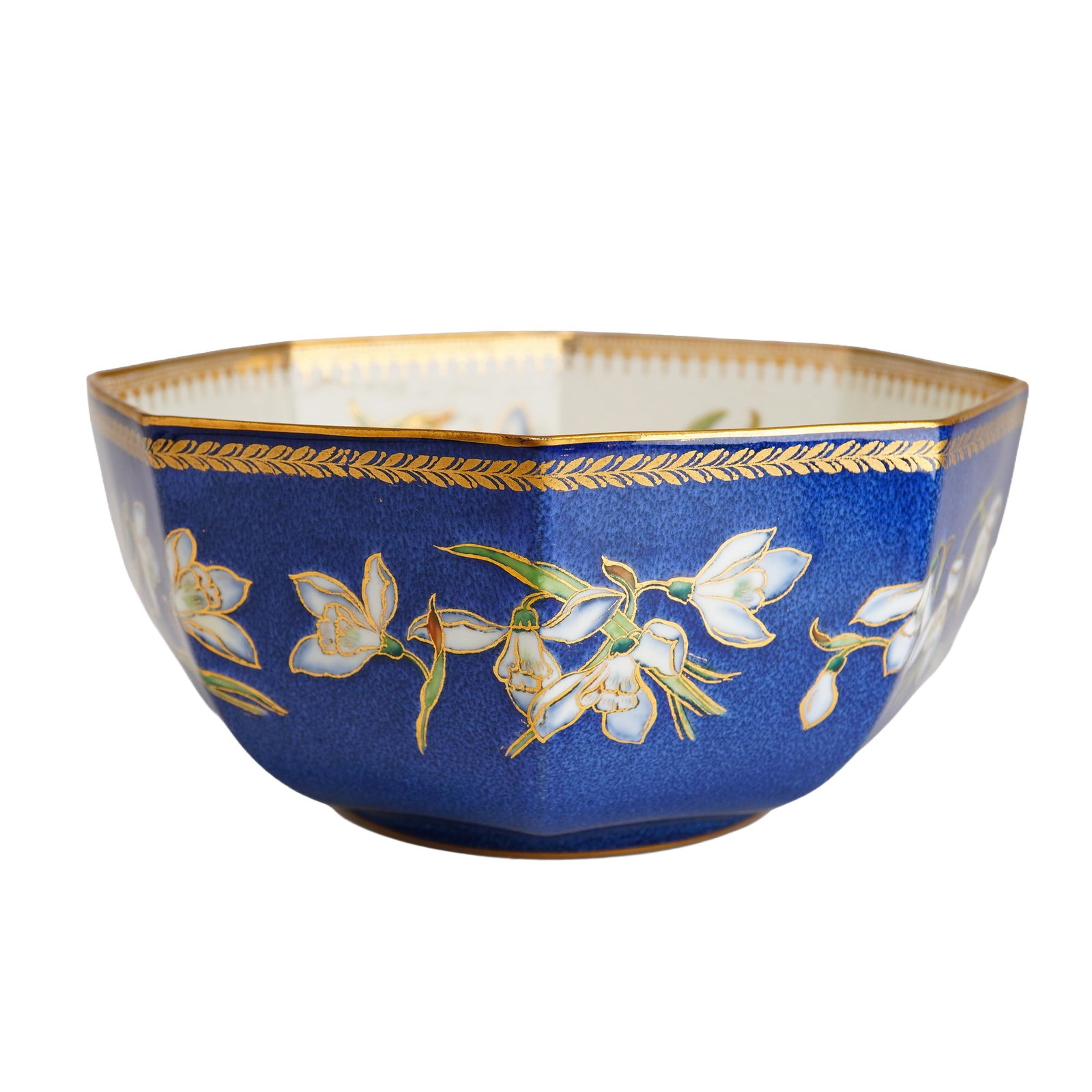 Wedgwood Powder Blue Luster Snowdrop Pattern Octagonal Bowl: This Wedgwood octagonal bone china bowl features the Snowdrop pattern, identified by the pattern number Z 5175. The exterior is decorated with a mottled powder blue luster ground, which is overlaid wi