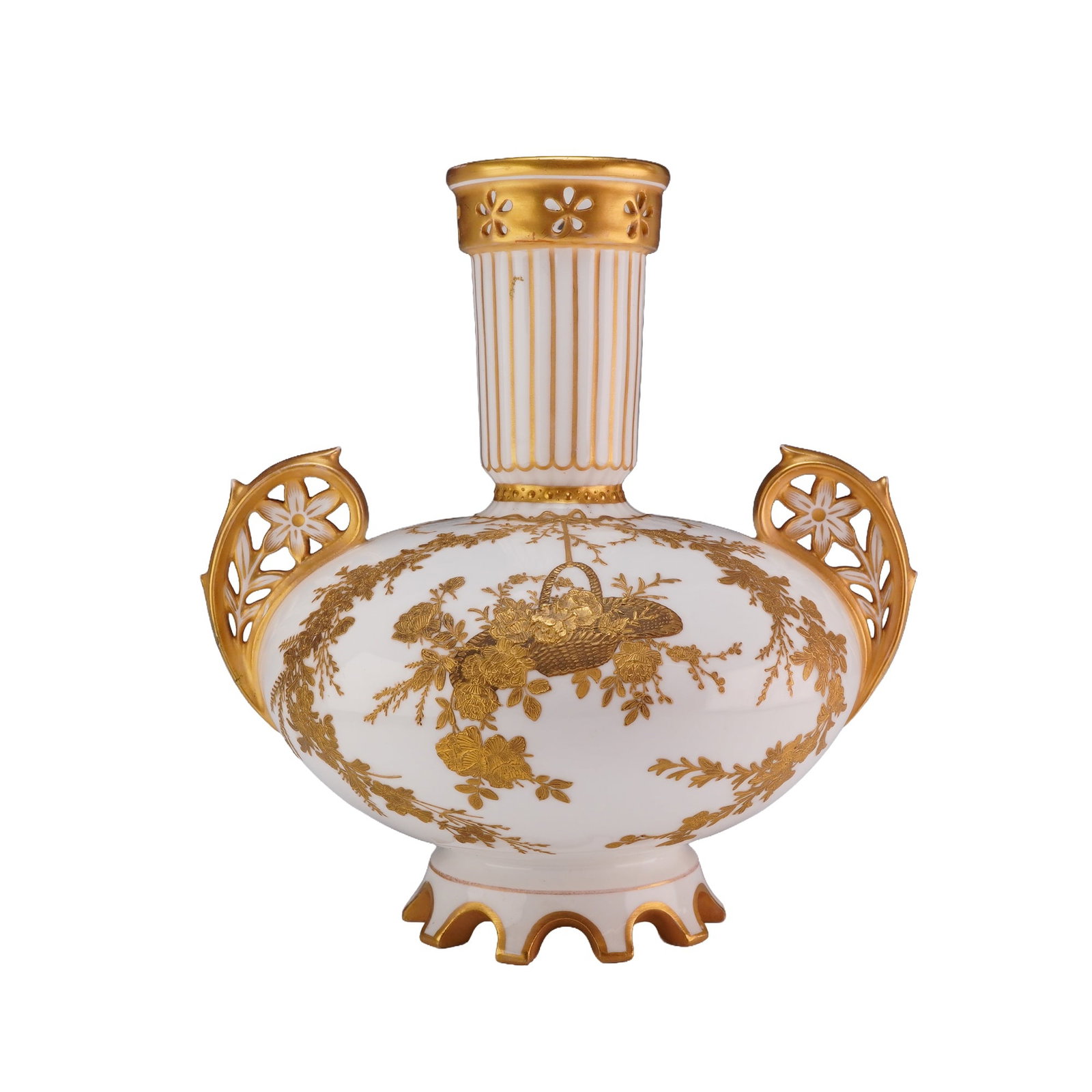 Wedgwood Bone China Raised Gilded Floral Vase, circa 1880: A Wedgwood bone china vase featuring a globular body supported by a scalloped and gilded foot. The form is characterized by two ornate reticulated handles and a tall fluted neck with a pierced rim. Th