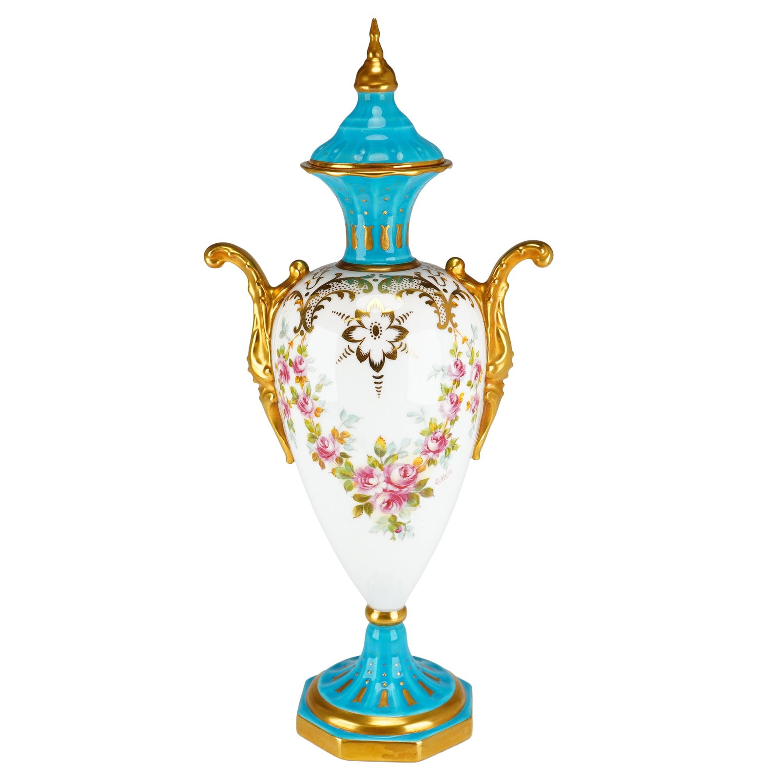 Wedgwood Hand-Painted and Gilt Bone China Twin-Handled Lidded Vase, c. 1898: A Wedgwood twin-handled lidded vase crafted from bone china, dating to approximately 1898. The piece features a classical ovoid body tapering to a narrow waist and set upon an octagonal pedestal base.